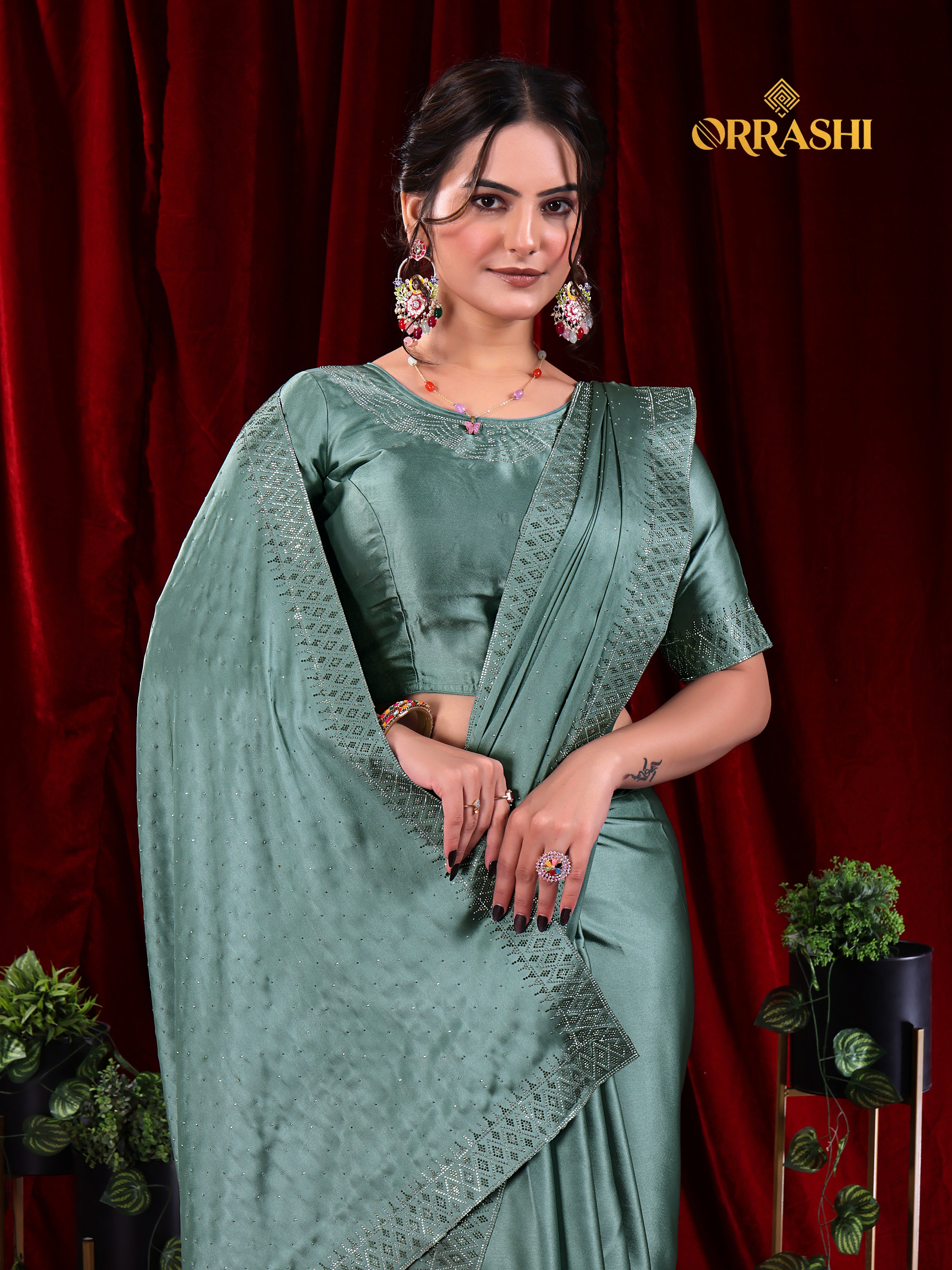 MULTI SIROSKI WORK SATIN SILK SAREE