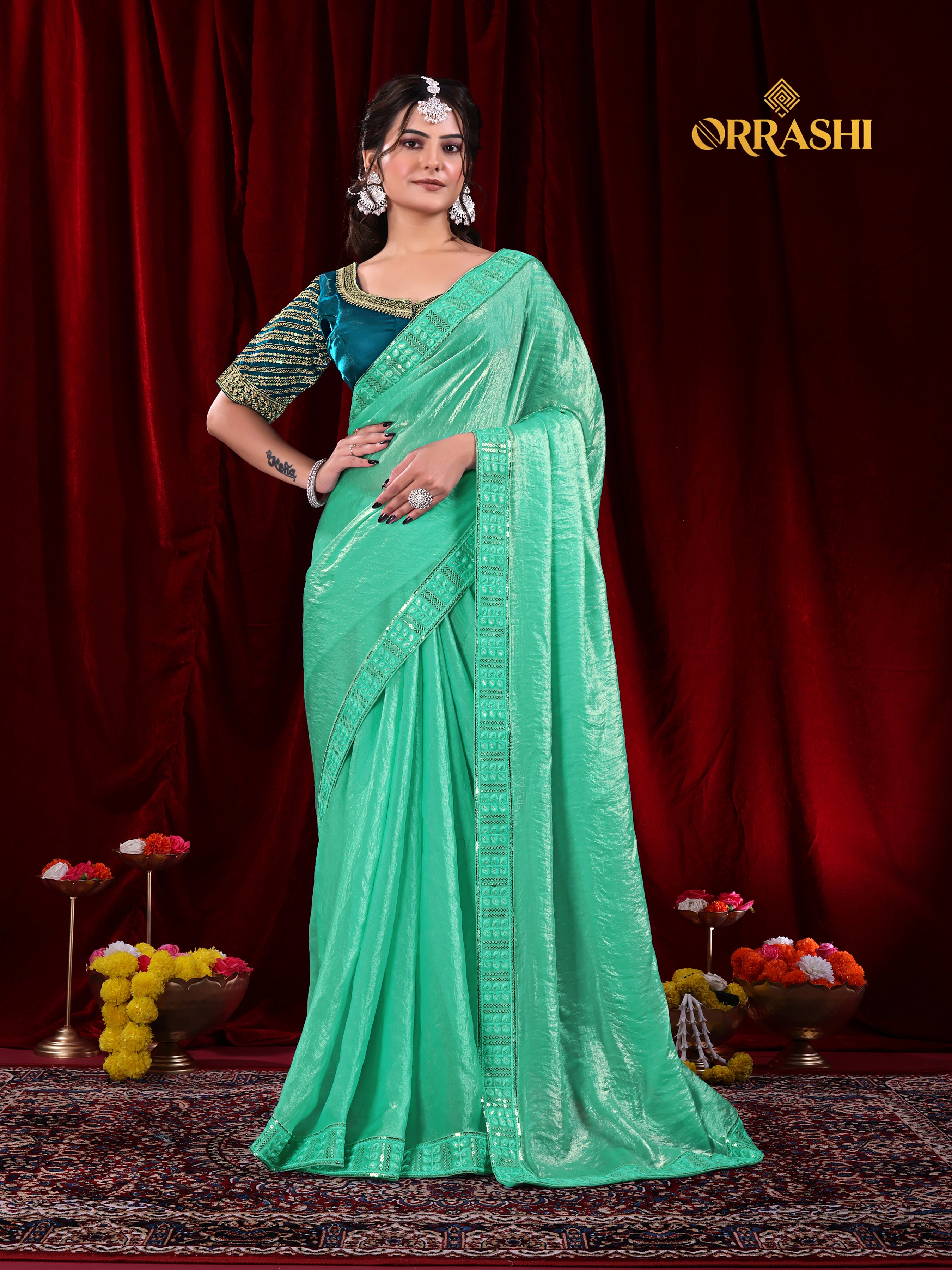 EMBROIDERIED LACE BORDER FENDY SATIN SILK