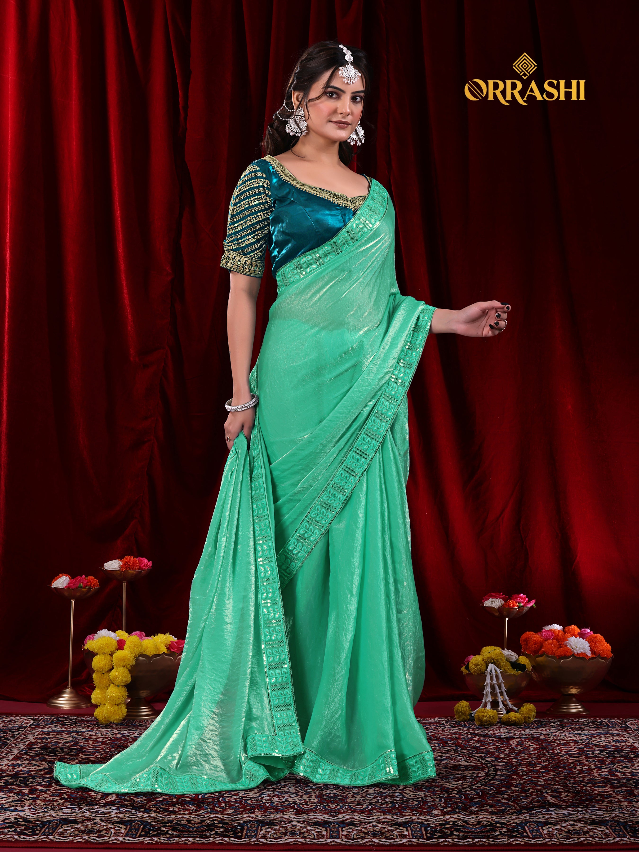 EMBROIDERIED LACE BORDER FENDY SATIN SILK