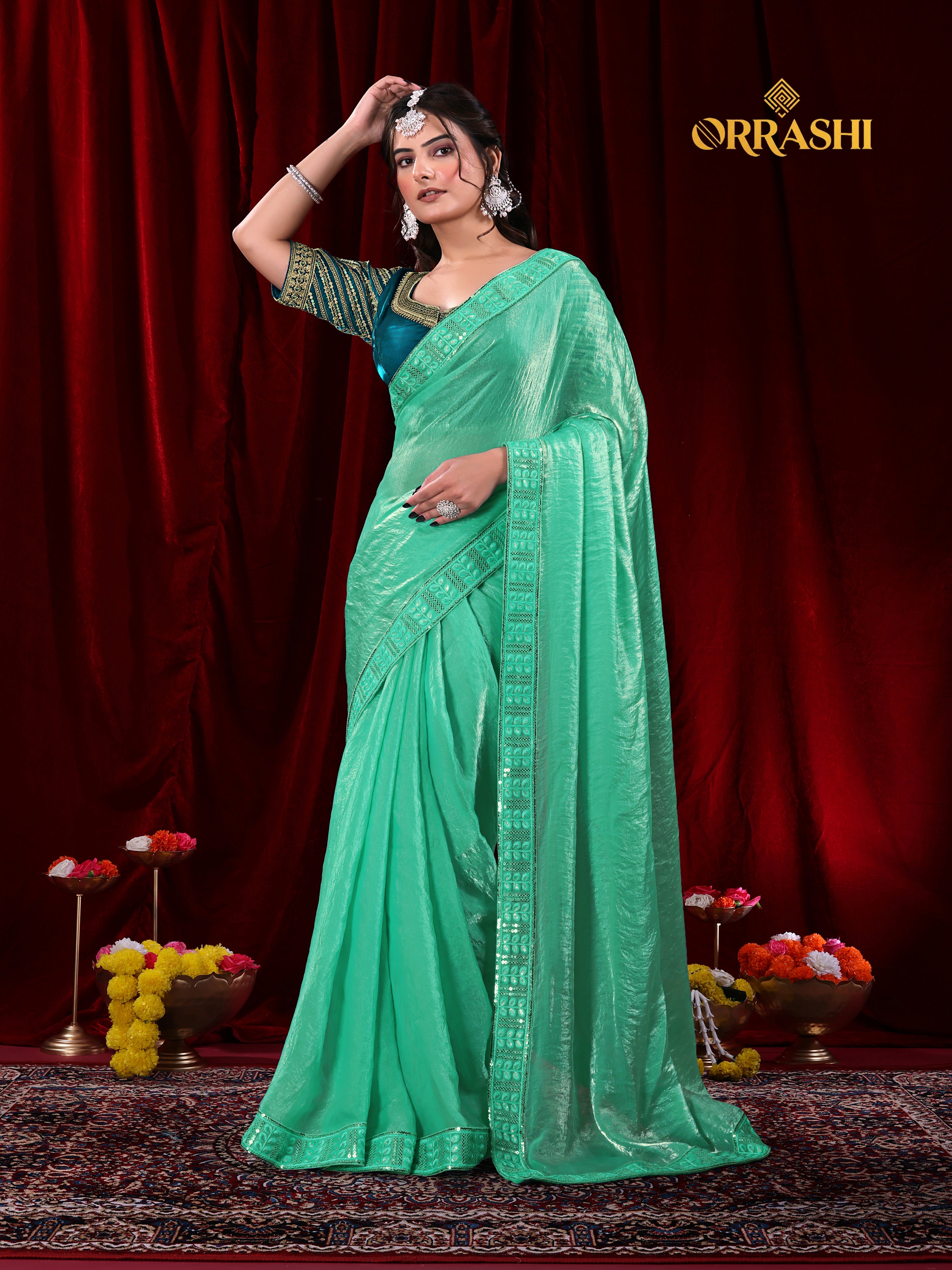 EMBROIDERIED LACE BORDER FENDY SATIN SILK