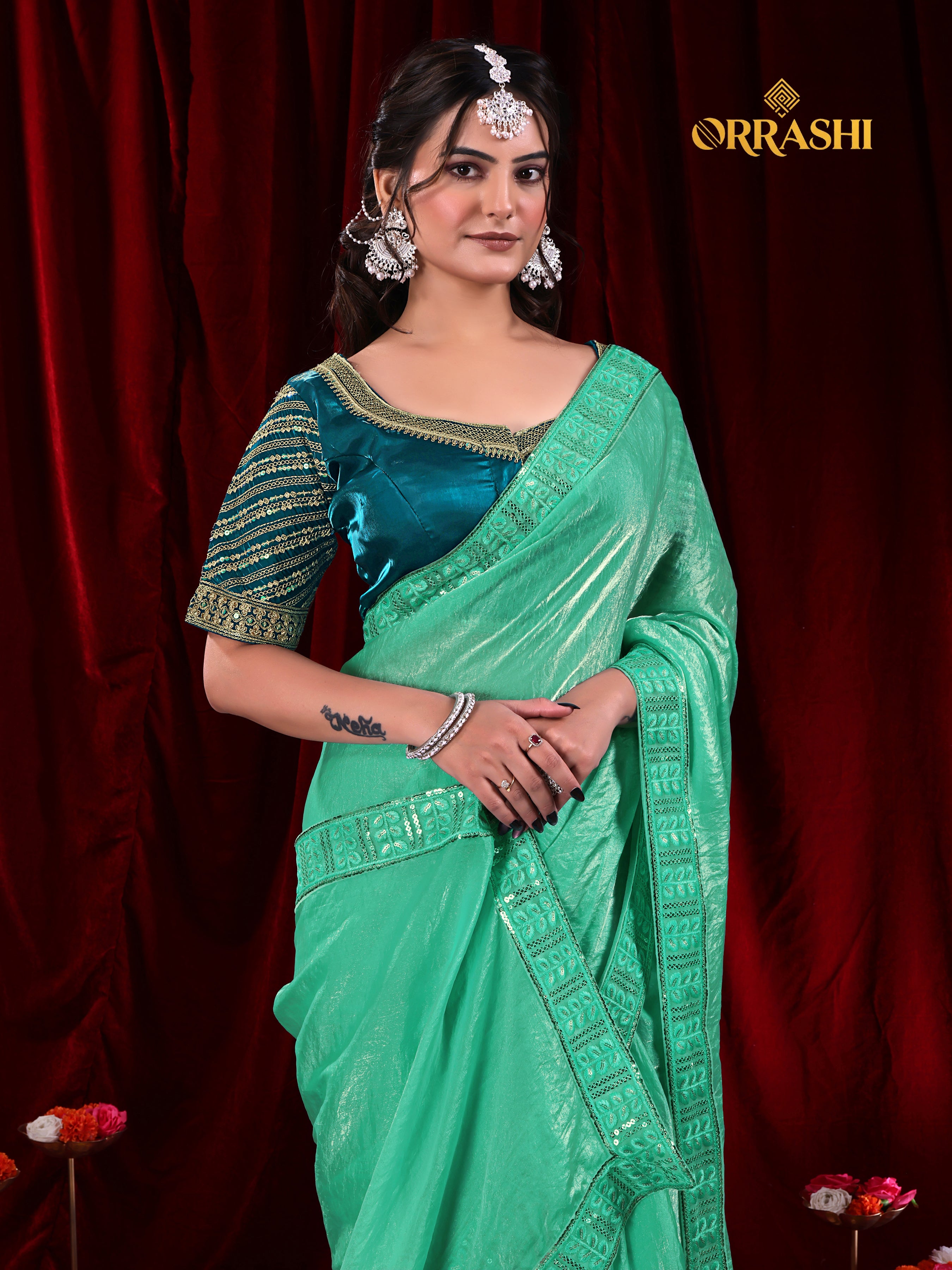 EMBROIDERIED LACE BORDER FENDY SATIN SILK