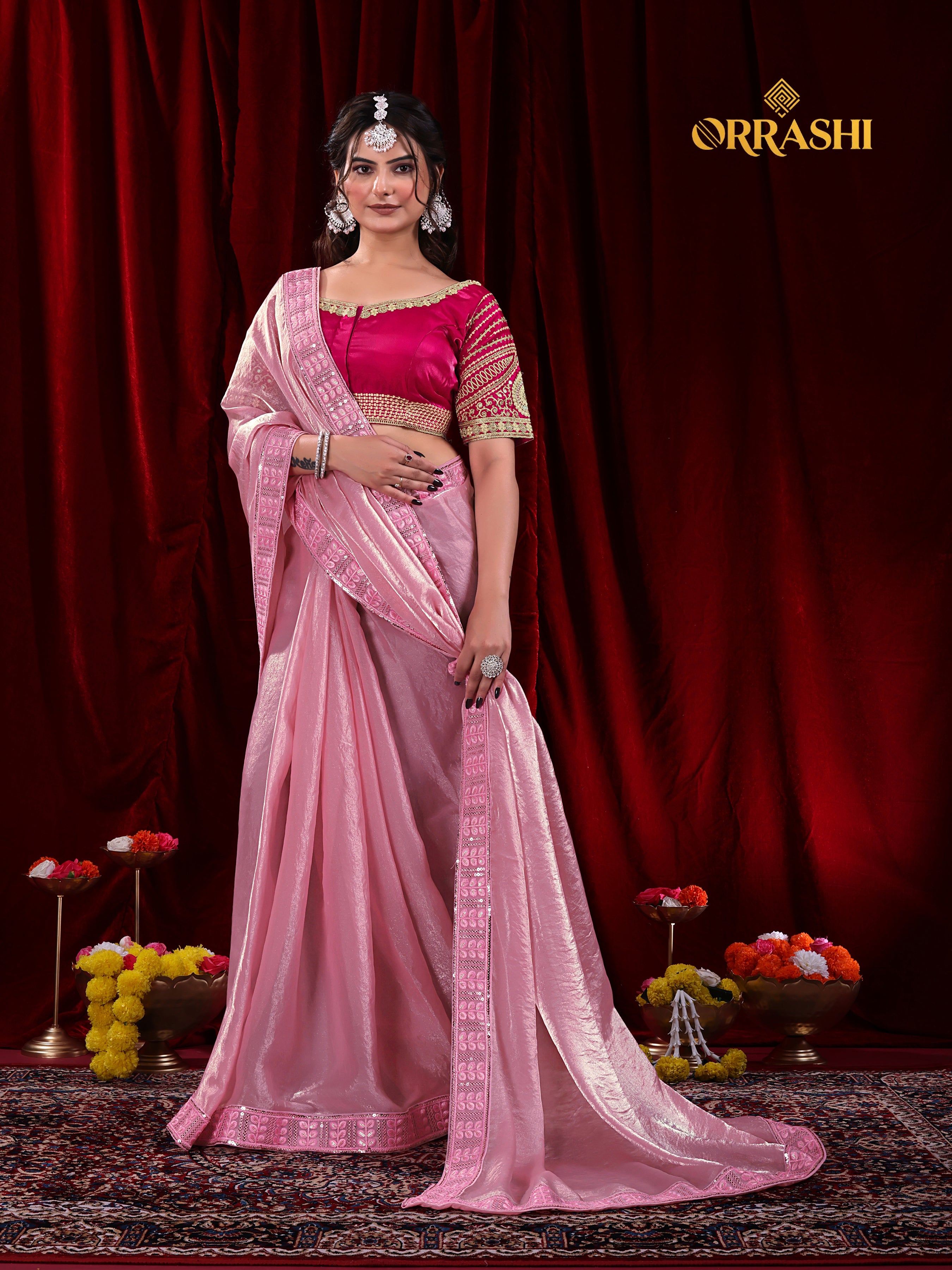 EMBROIDERIED LACE BORDER FENDY SATIN SILK
