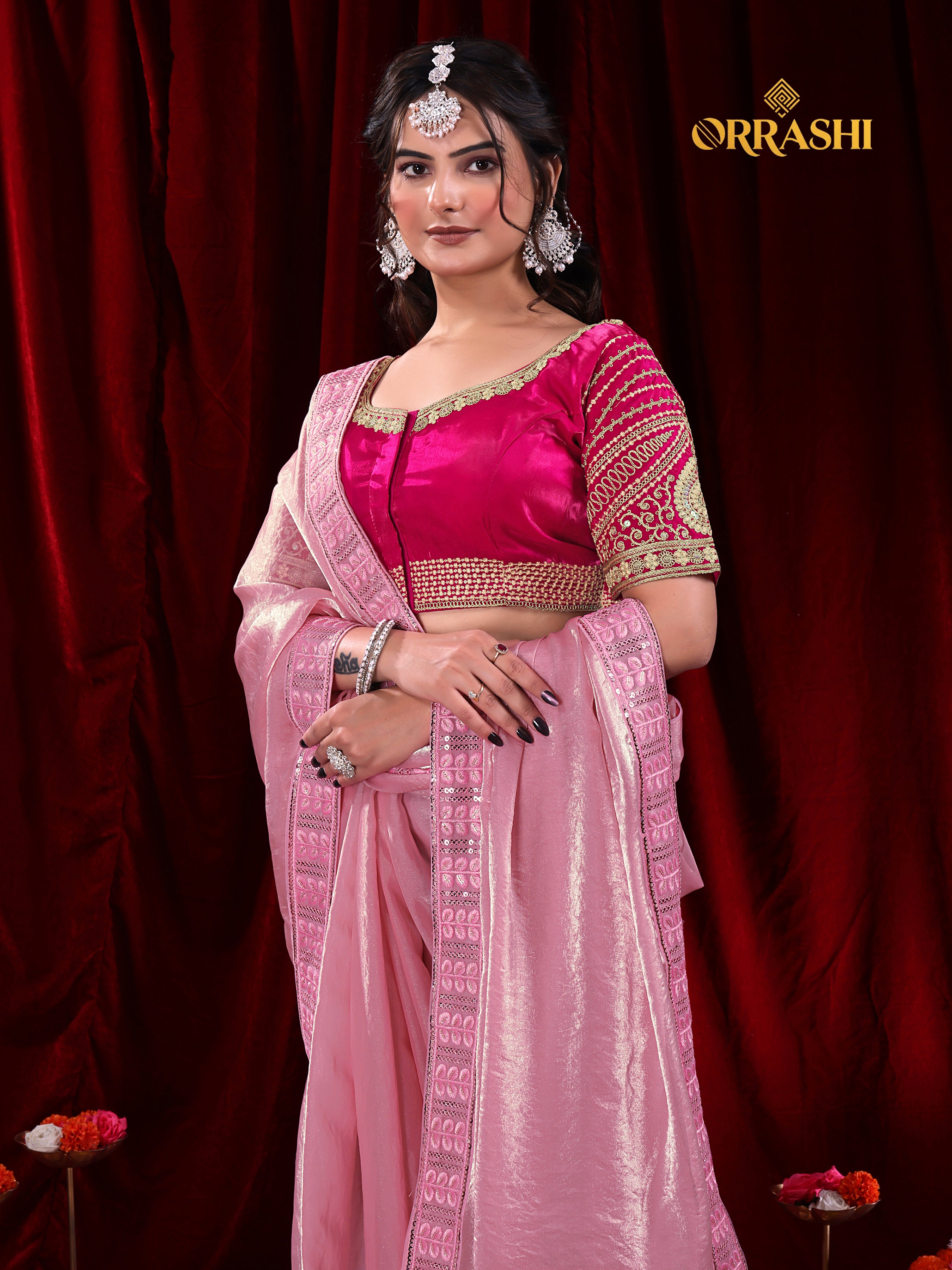 EMBROIDERIED LACE BORDER FENDY SATIN SILK