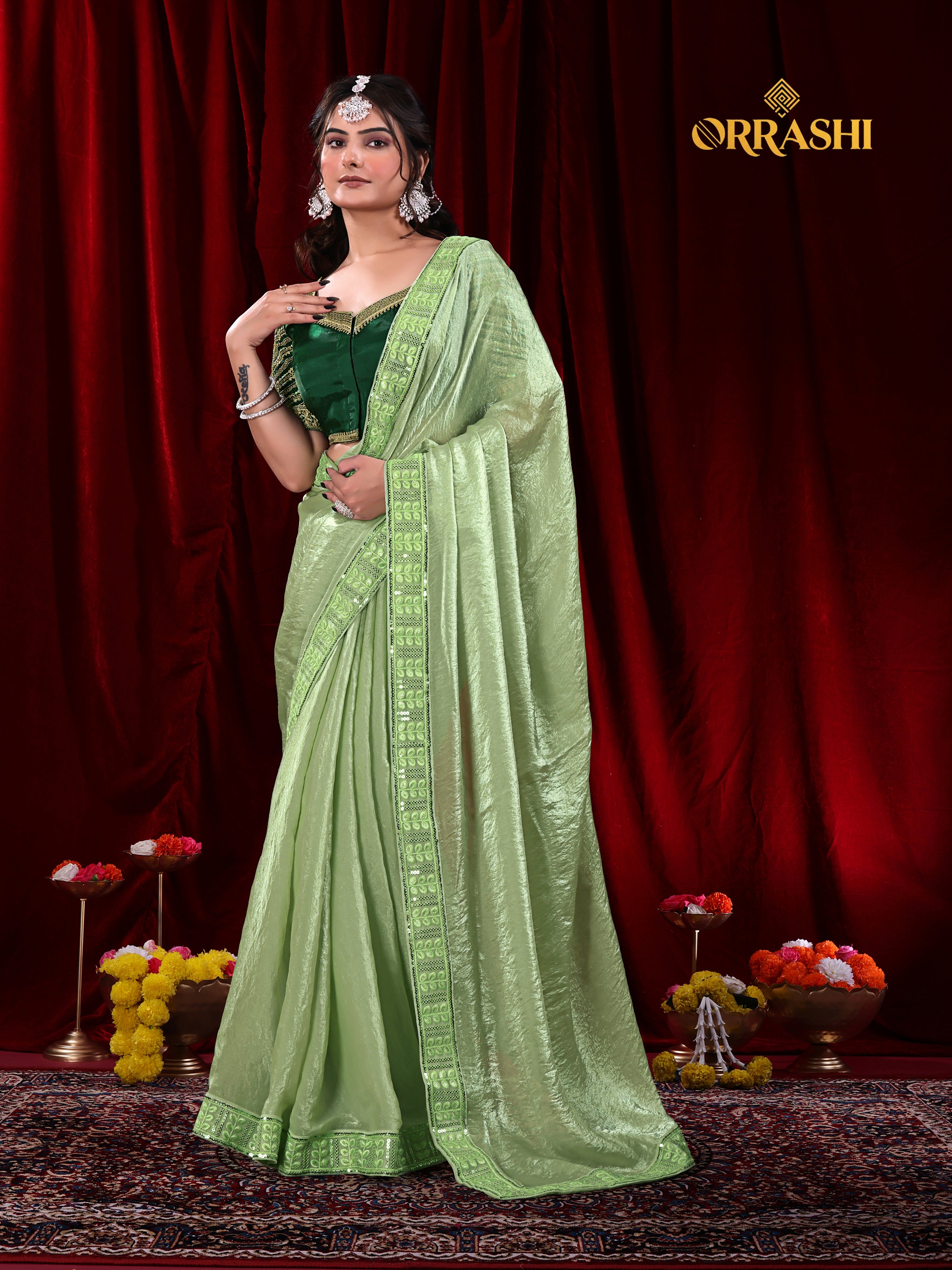 EMBROIDERIED LACE BORDER FENDY SATIN SILK