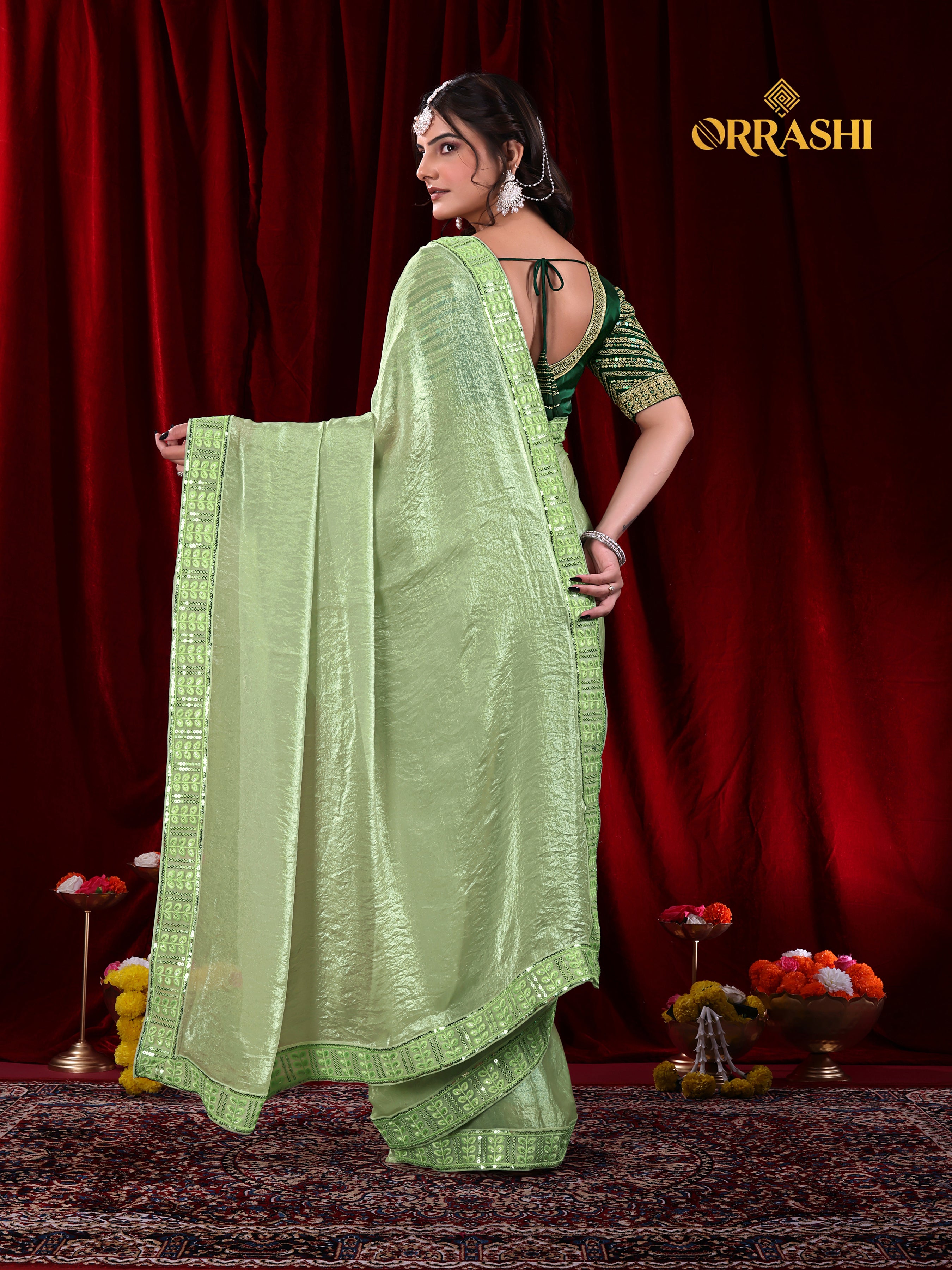 EMBROIDERIED LACE BORDER FENDY SATIN SILK