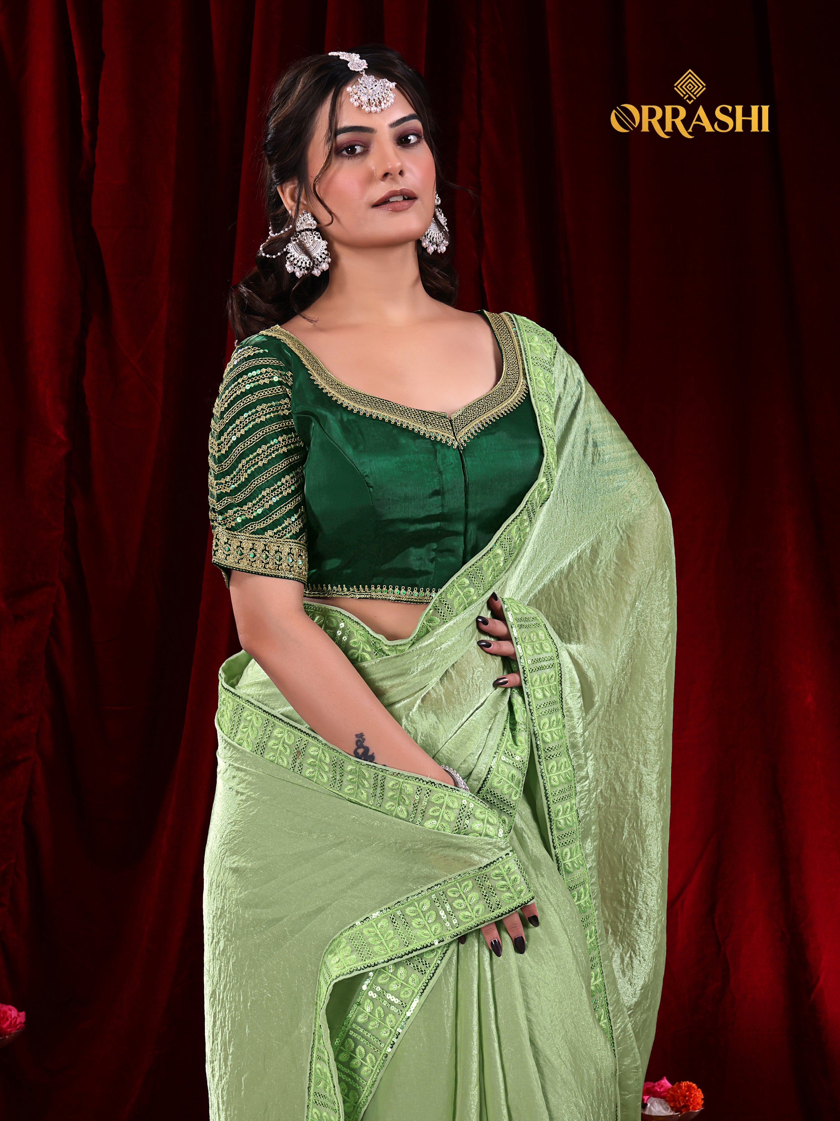 EMBROIDERIED LACE BORDER FENDY SATIN SILK