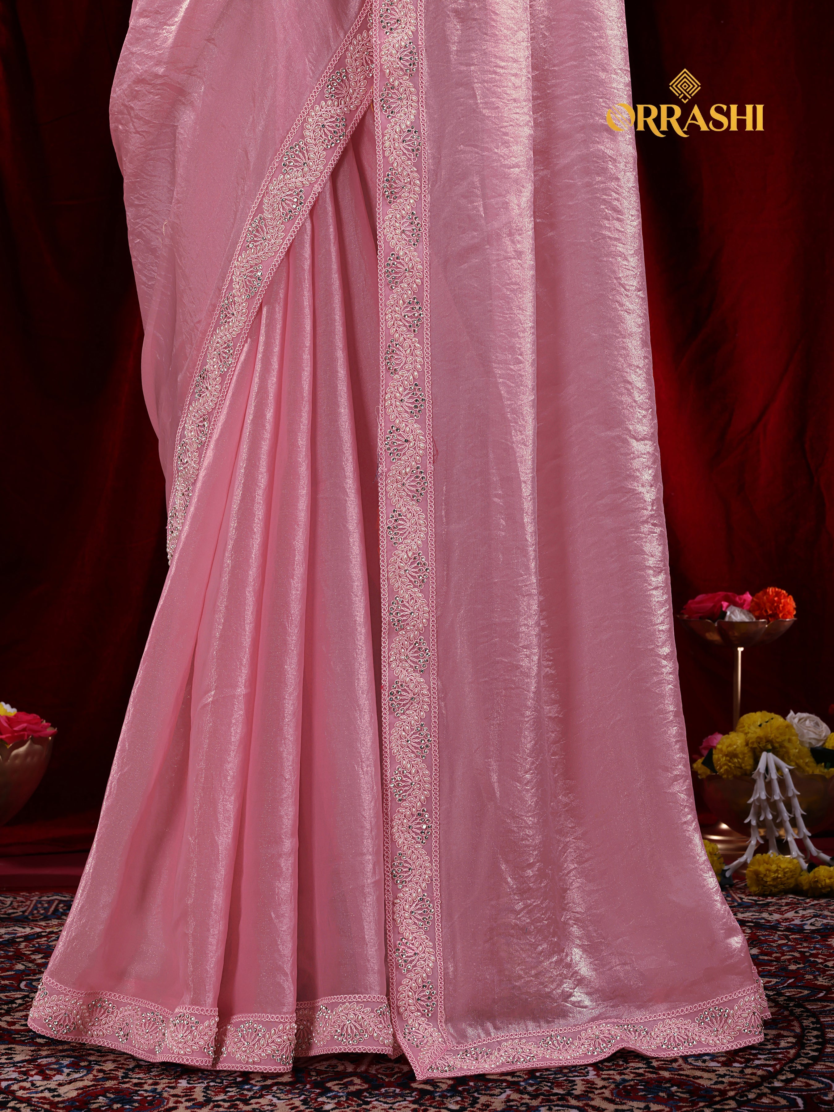 EMBROIDERIED LACE BORDER FENDY SATIN SILK
