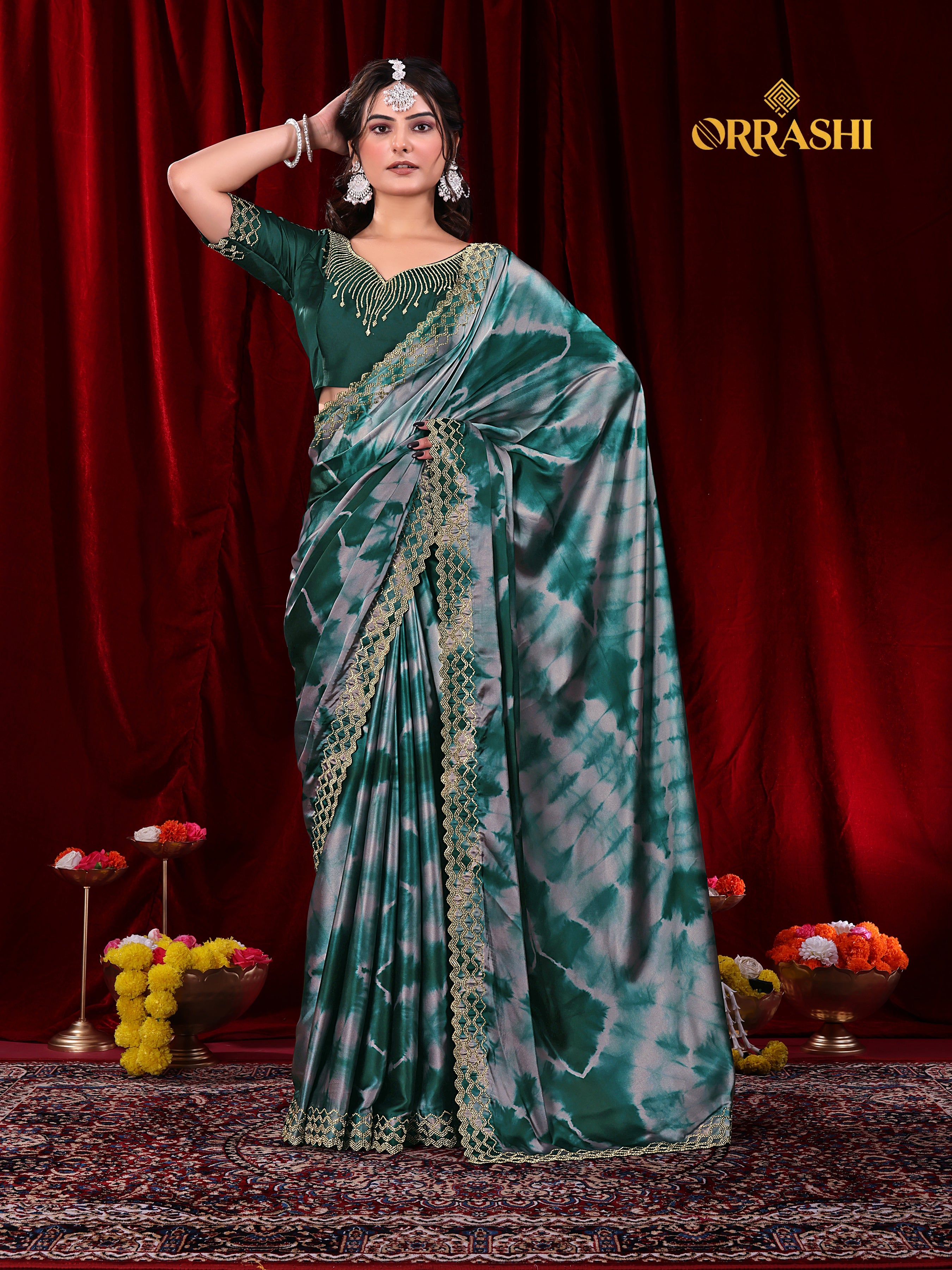 ZIC ZAC JARKAN WORK SIBORI PRINTED SATIN SILK SAREE