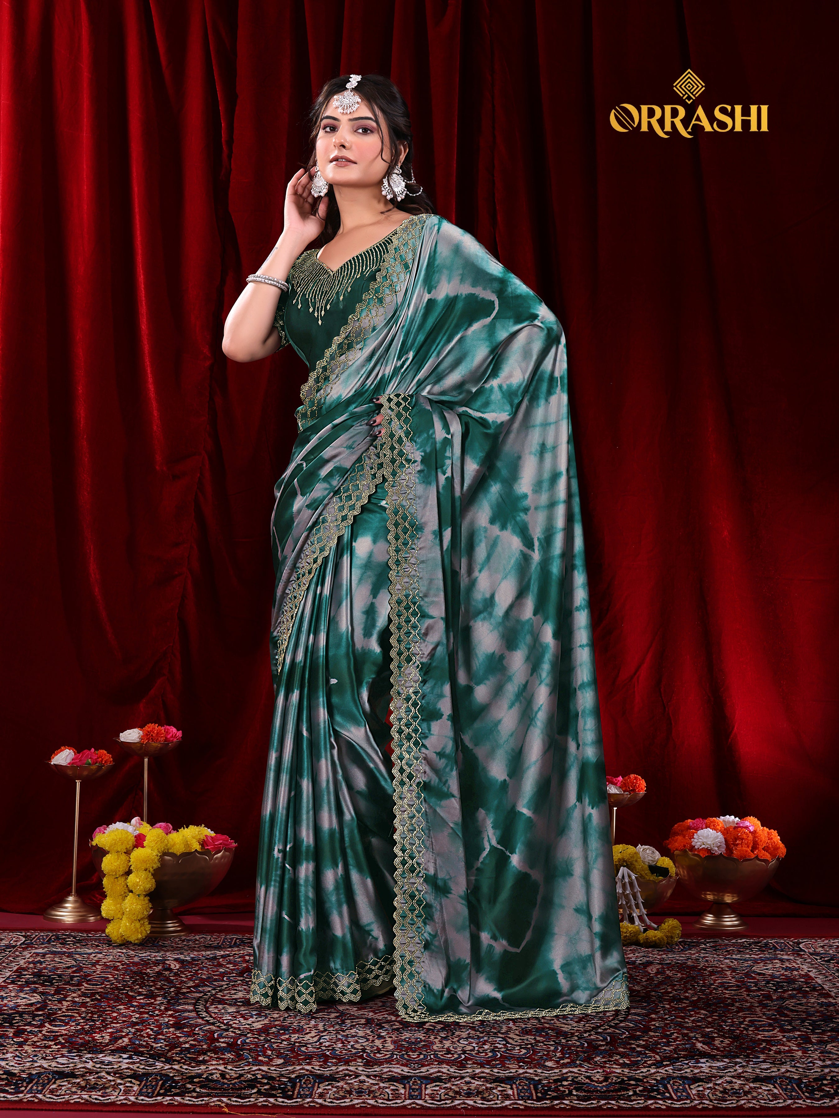 ZIC ZAC JARKAN WORK SIBORI PRINTED SATIN SILK SAREE
