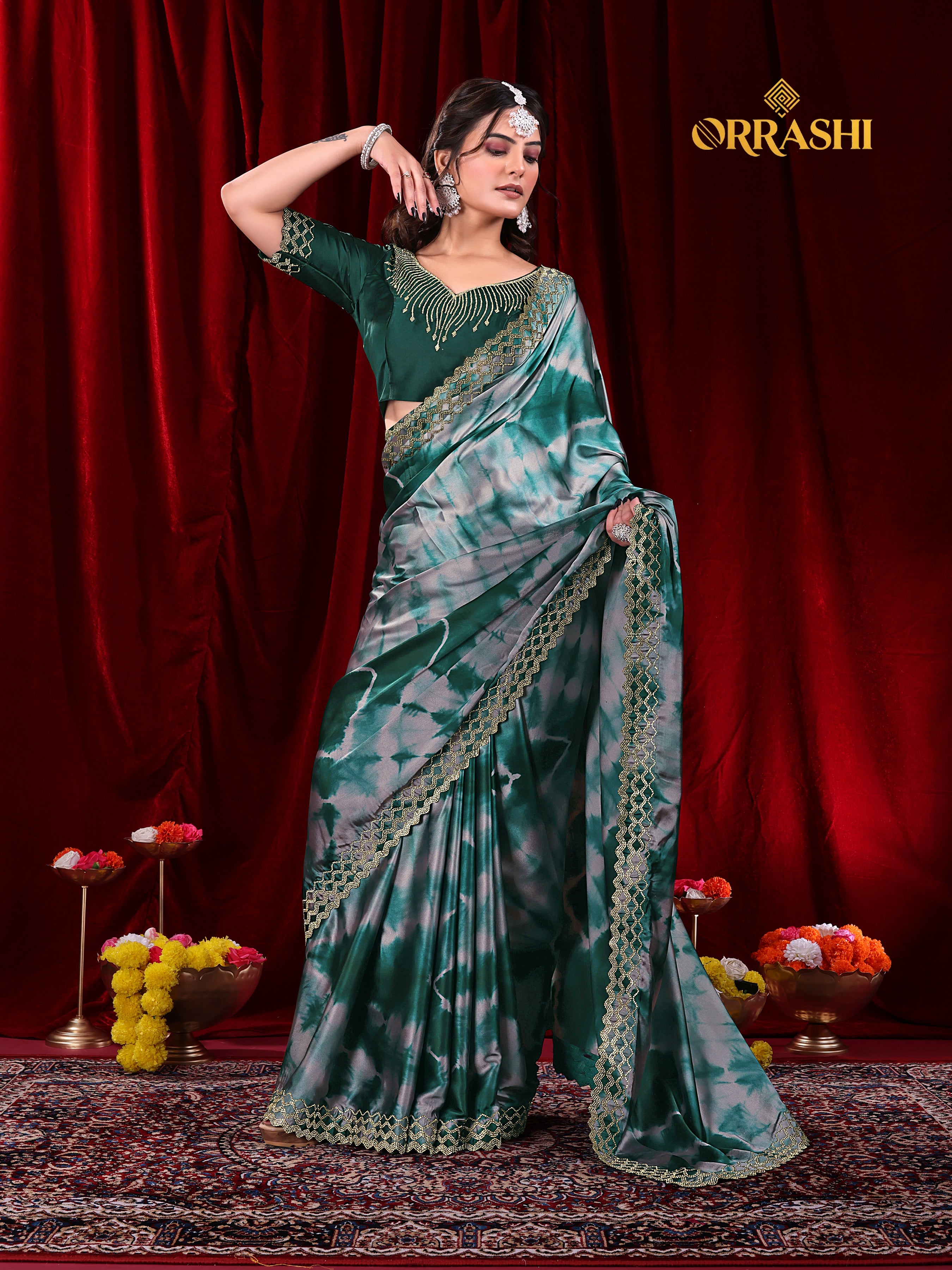 ZIC ZAC JARKAN WORK SIBORI PRINTED SATIN SILK SAREE