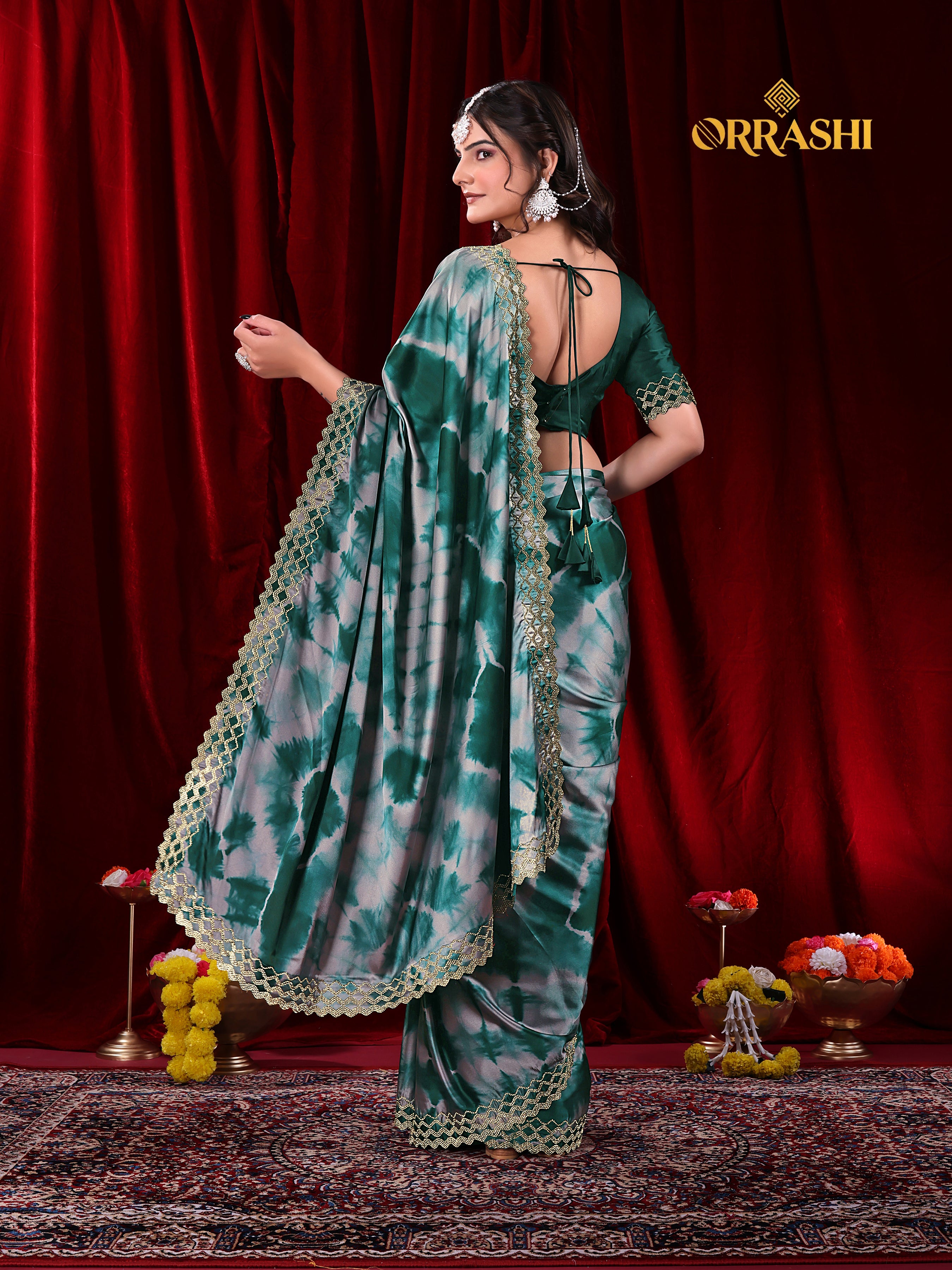 ZIC ZAC JARKAN WORK SIBORI PRINTED SATIN SILK SAREE