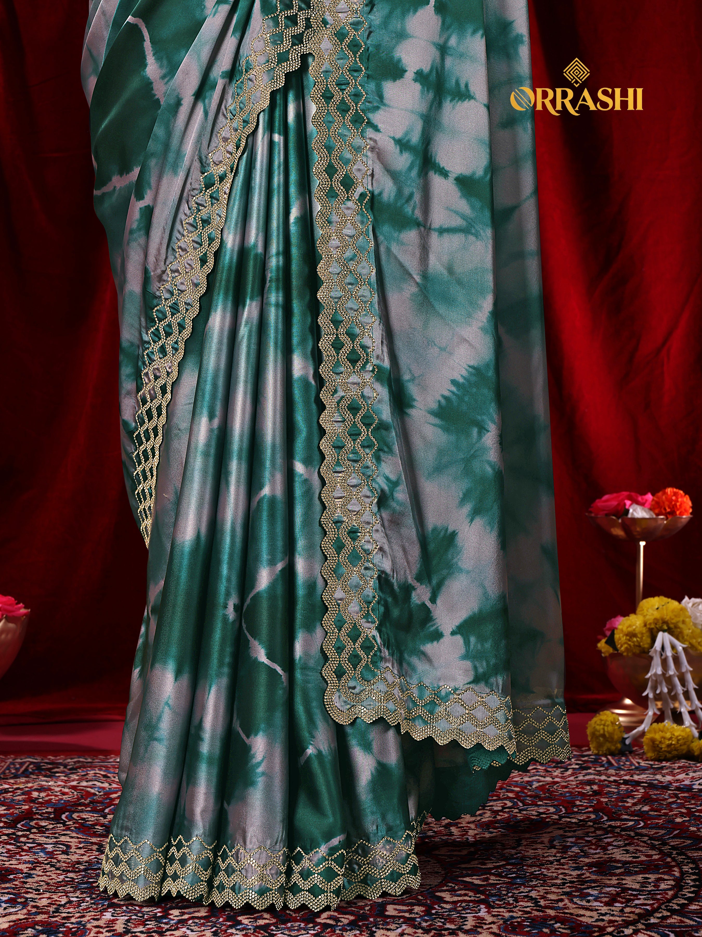 ZIC ZAC JARKAN WORK SIBORI PRINTED SATIN SILK SAREE