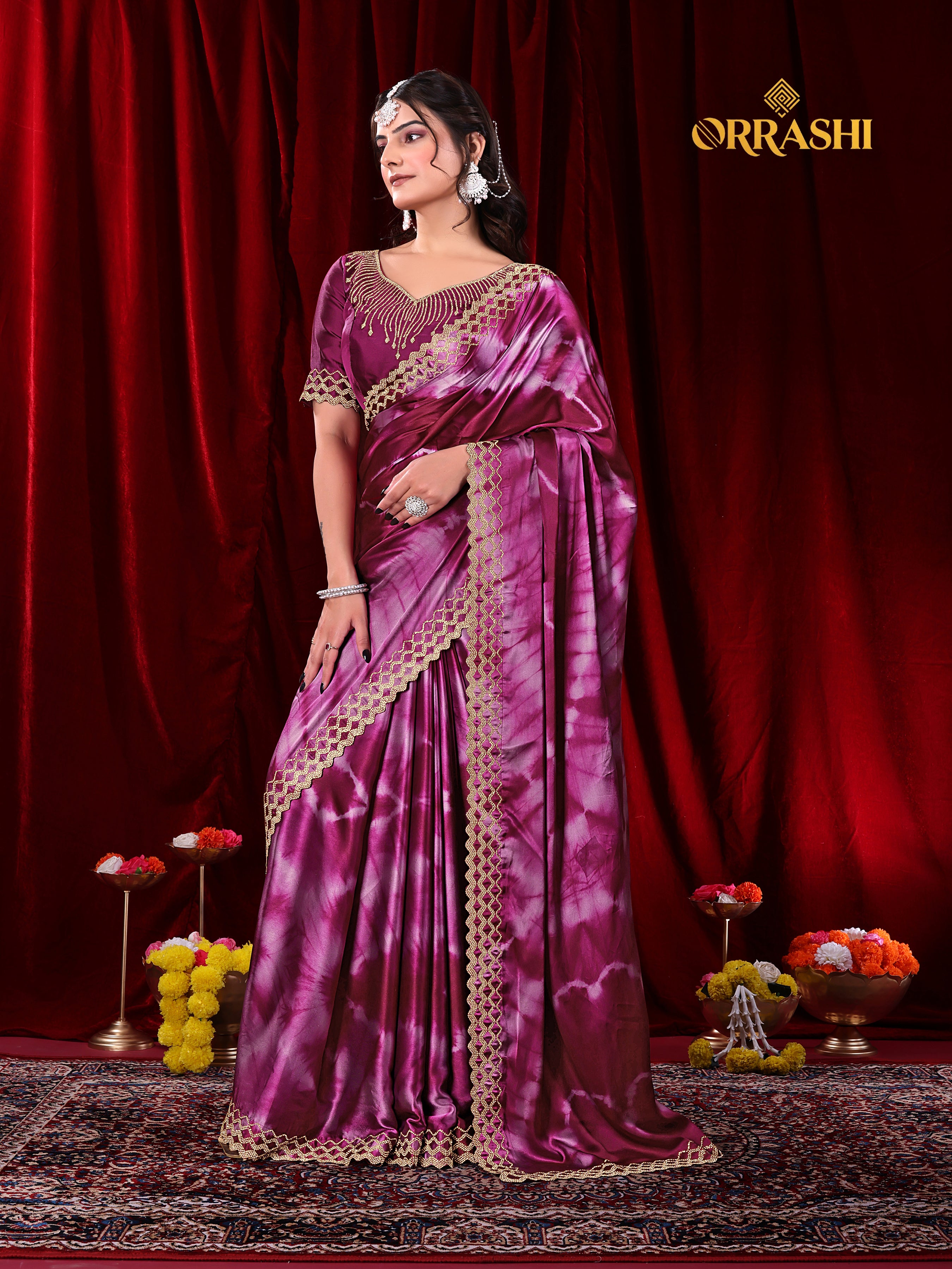 ZIC ZAC JARKAN WORK SIBORI PRINTED SATIN SILK SAREE