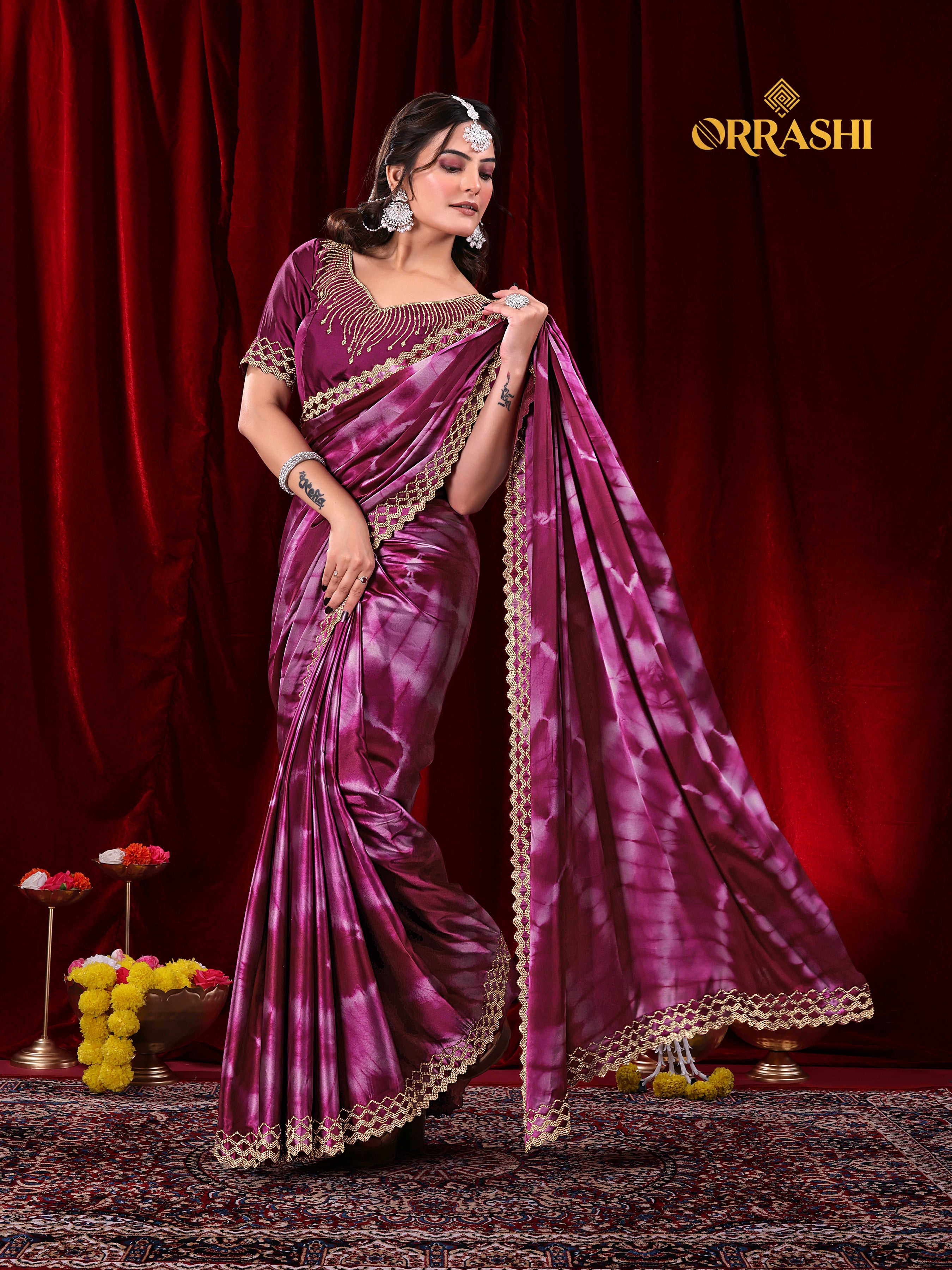 ZIC ZAC JARKAN WORK SIBORI PRINTED SATIN SILK SAREE