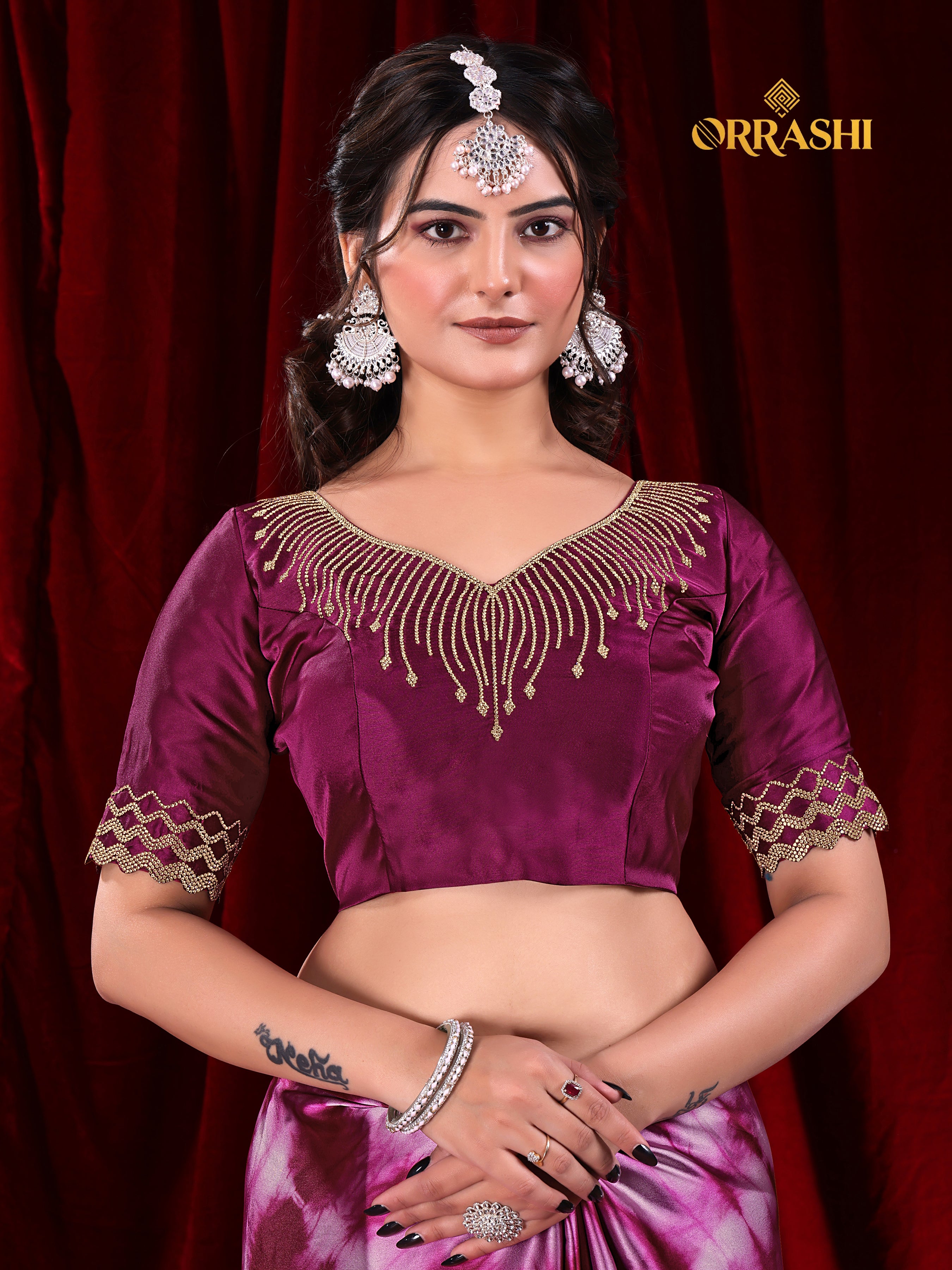 ZIC ZAC JARKAN WORK SIBORI PRINTED SATIN SILK SAREE
