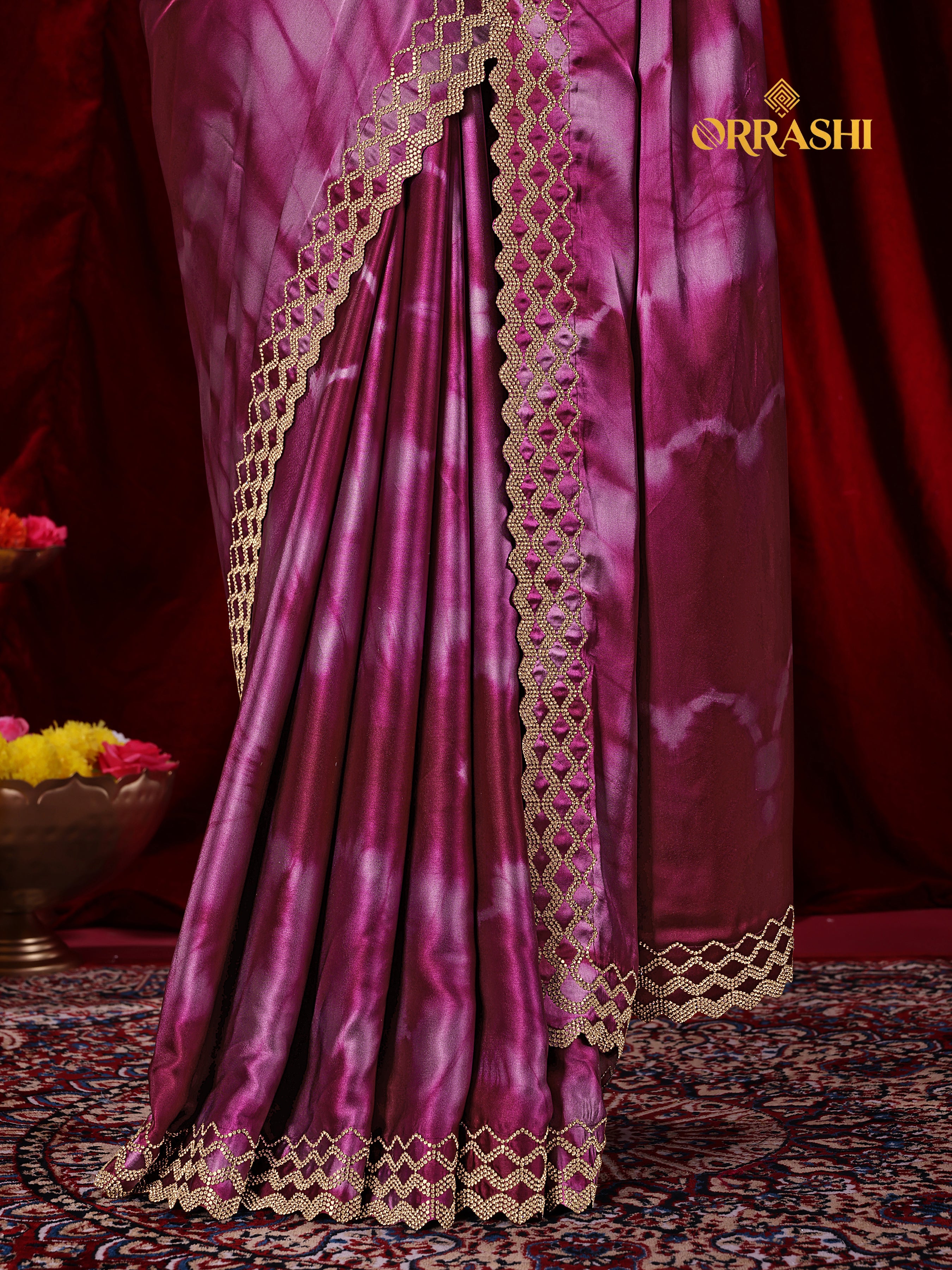 ZIC ZAC JARKAN WORK SIBORI PRINTED SATIN SILK SAREE