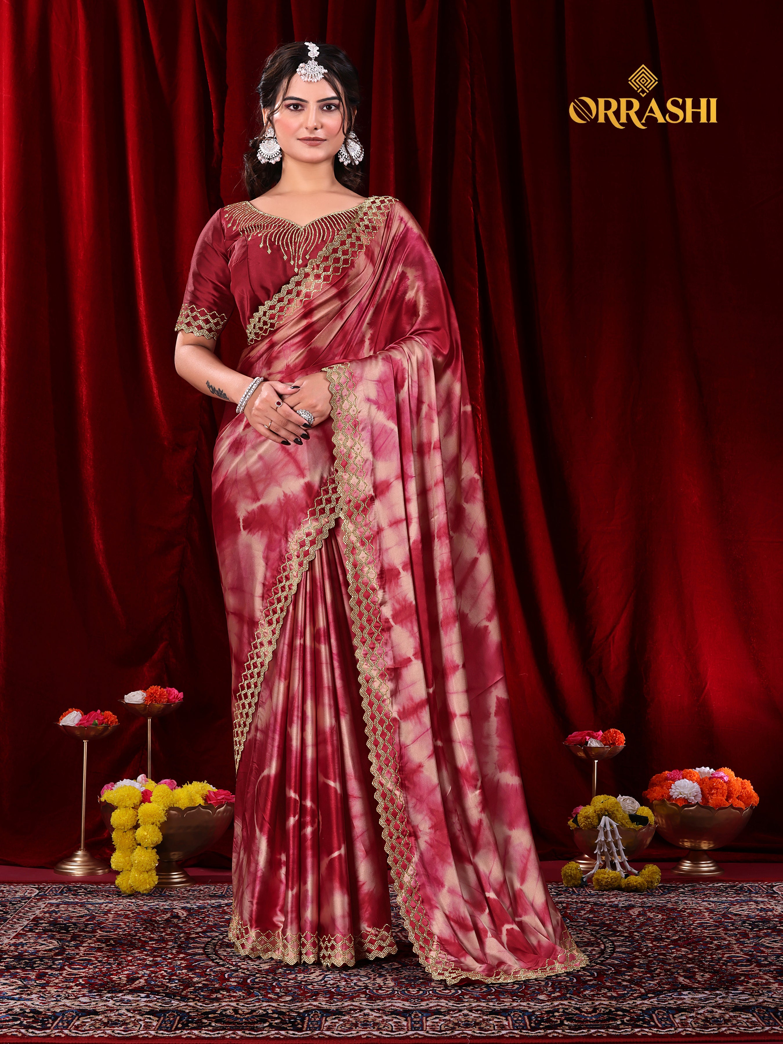 ZIC ZAC JARKAN WORK SIBORI PRINTED SATIN SILK SAREE