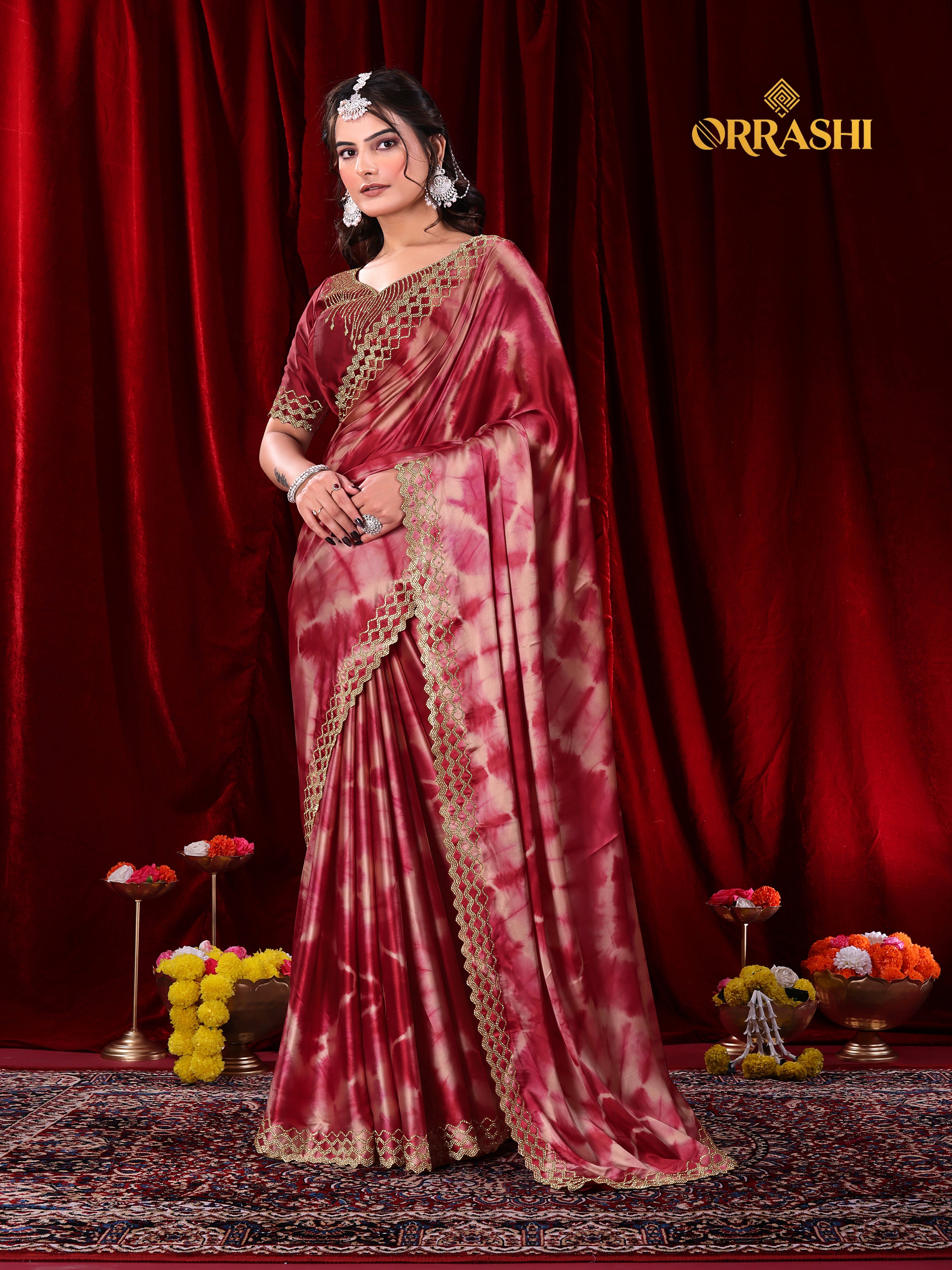 ZIC ZAC JARKAN WORK SIBORI PRINTED SATIN SILK SAREE