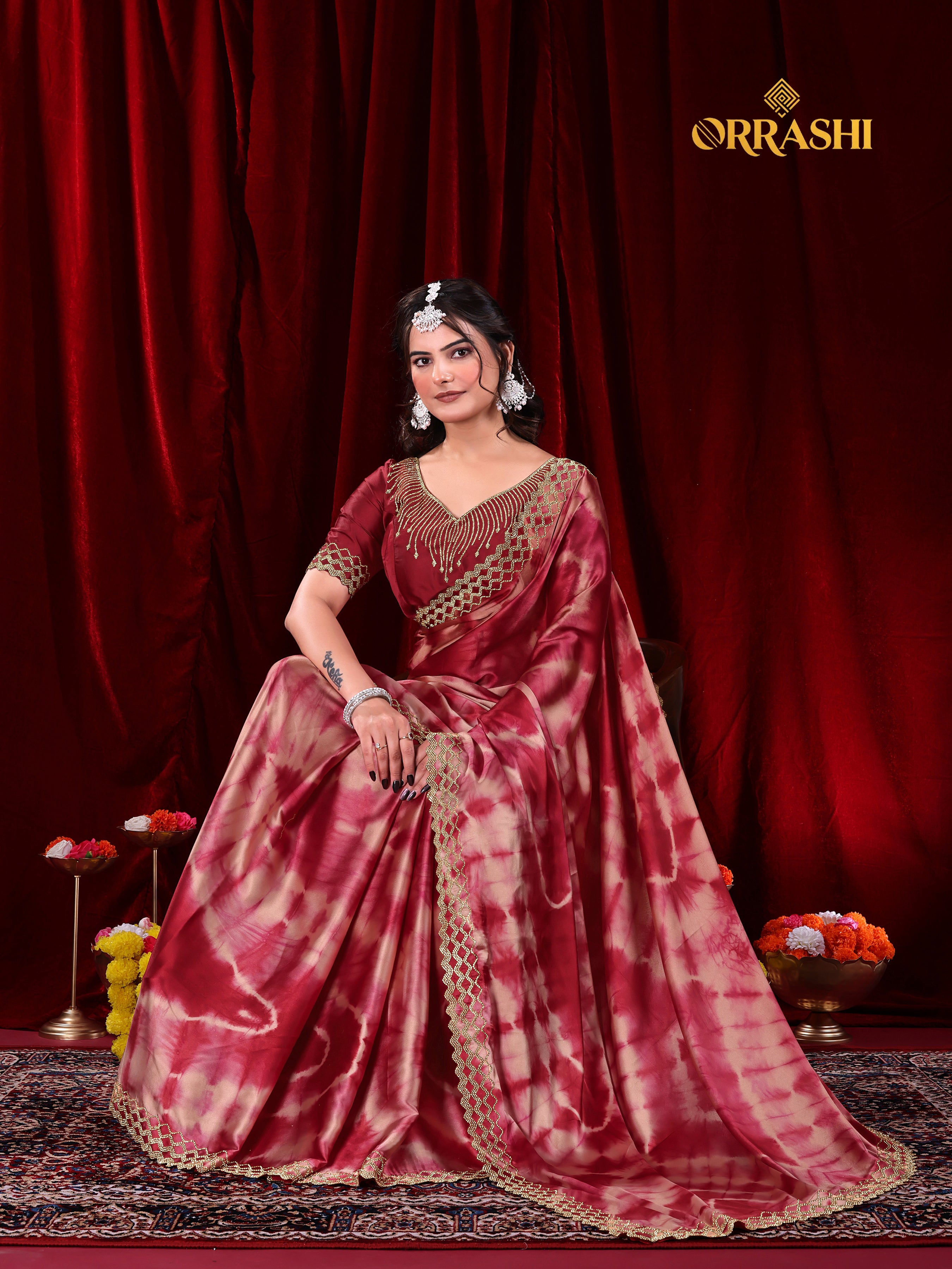ZIC ZAC JARKAN WORK SIBORI PRINTED SATIN SILK SAREE