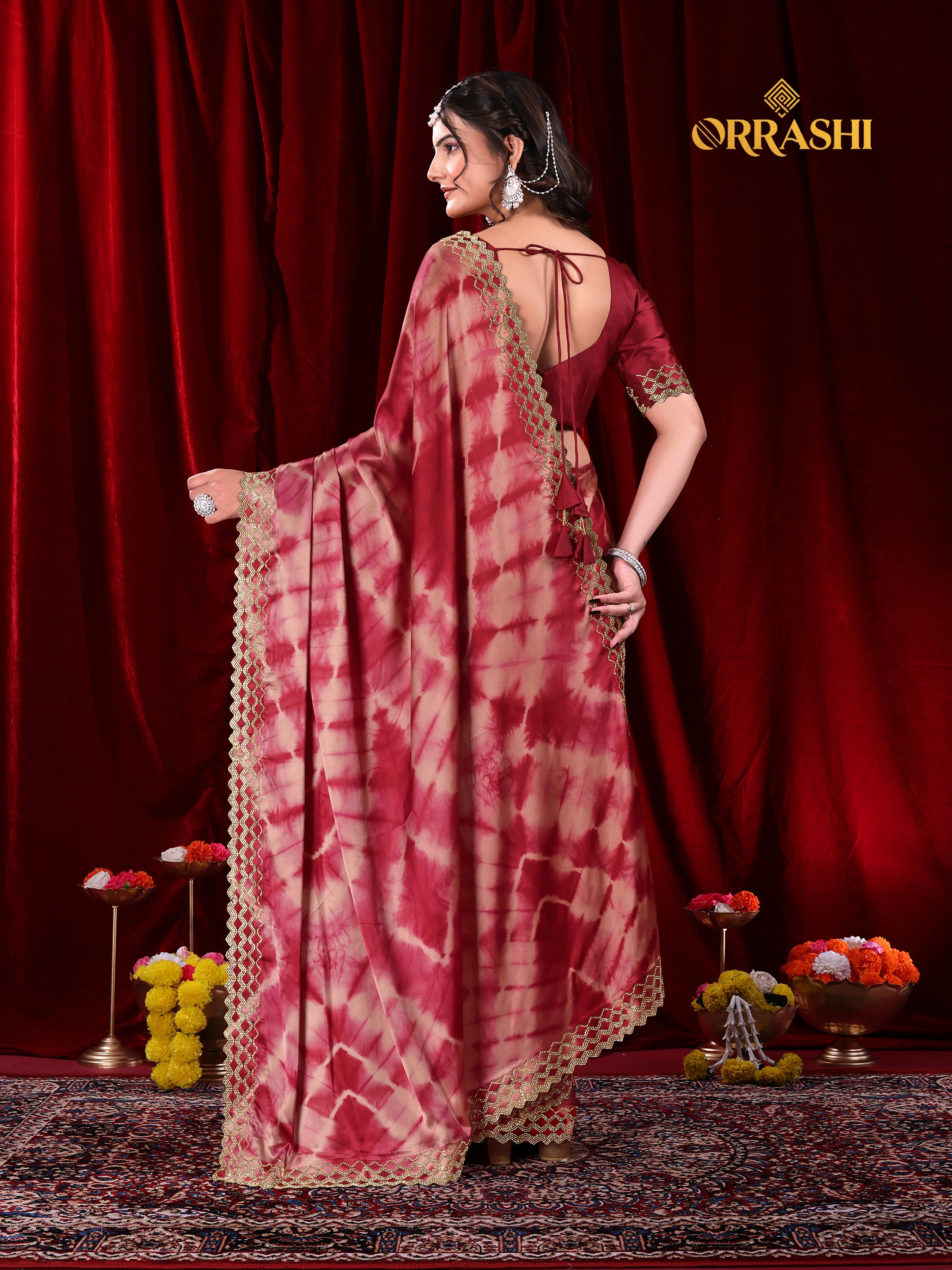 ZIC ZAC JARKAN WORK SIBORI PRINTED SATIN SILK SAREE