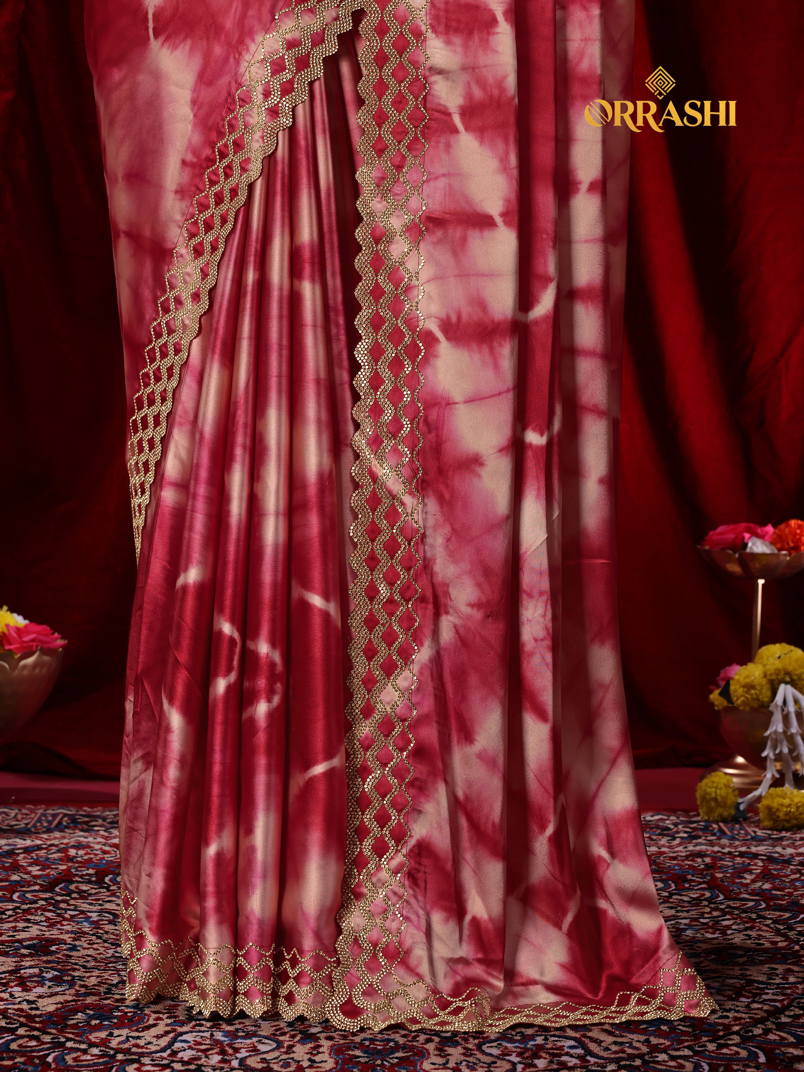 ZIC ZAC JARKAN WORK SIBORI PRINTED SATIN SILK SAREE