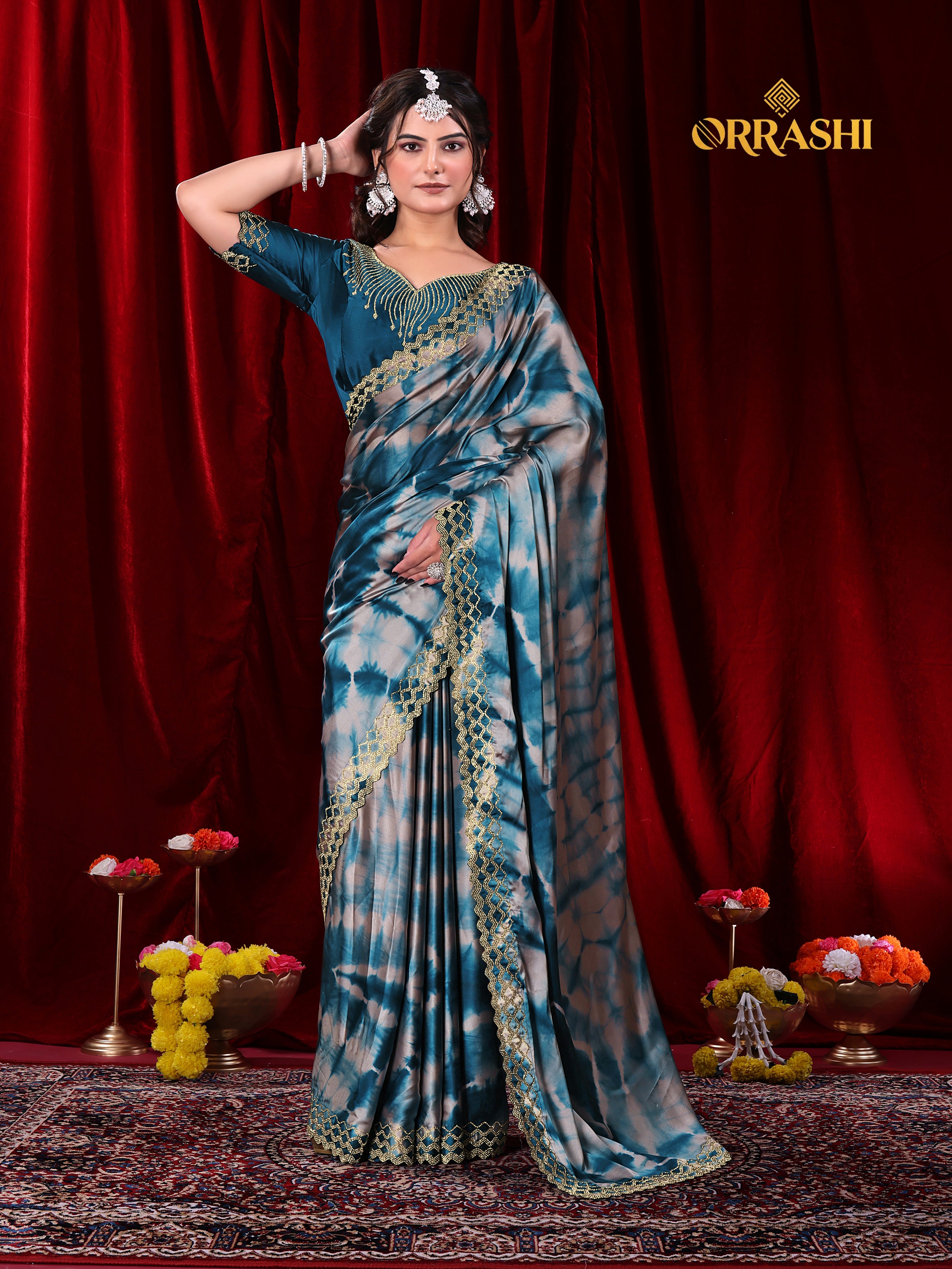 ZIC ZAC JARKAN WORK SIBORI PRINTED SATIN SILK SAREE