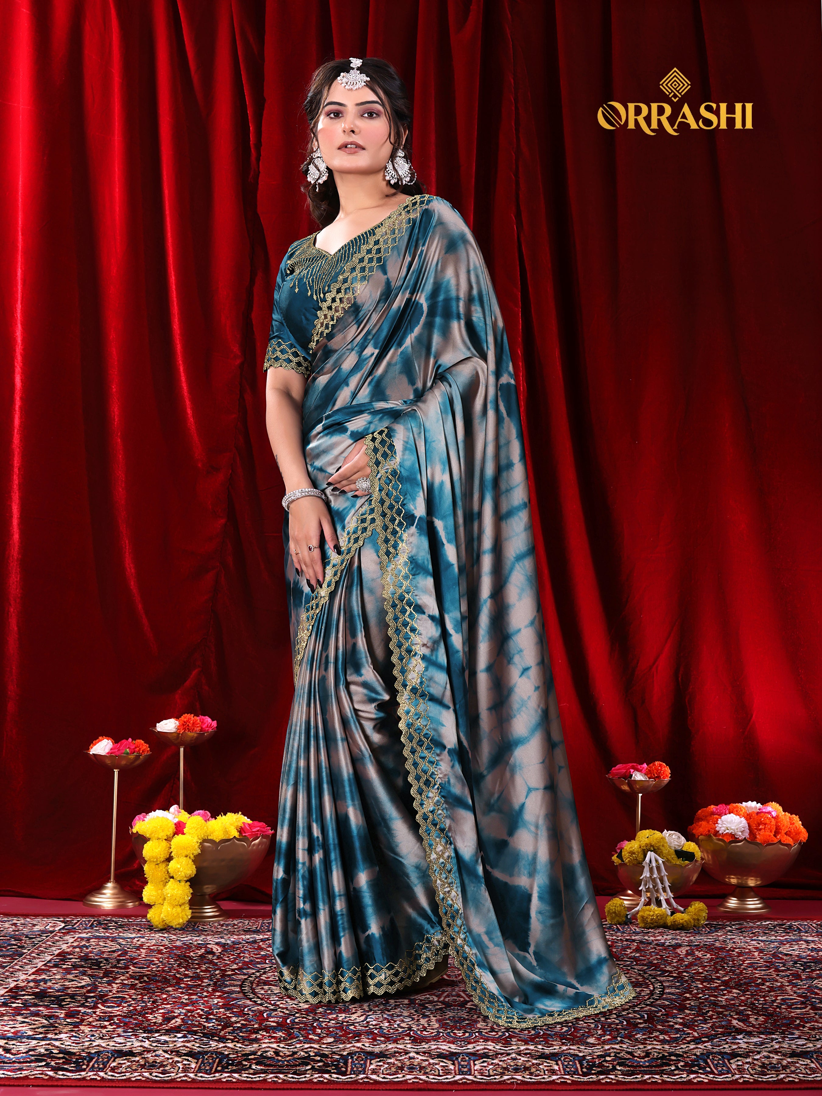 ZIC ZAC JARKAN WORK SIBORI PRINTED SATIN SILK SAREE