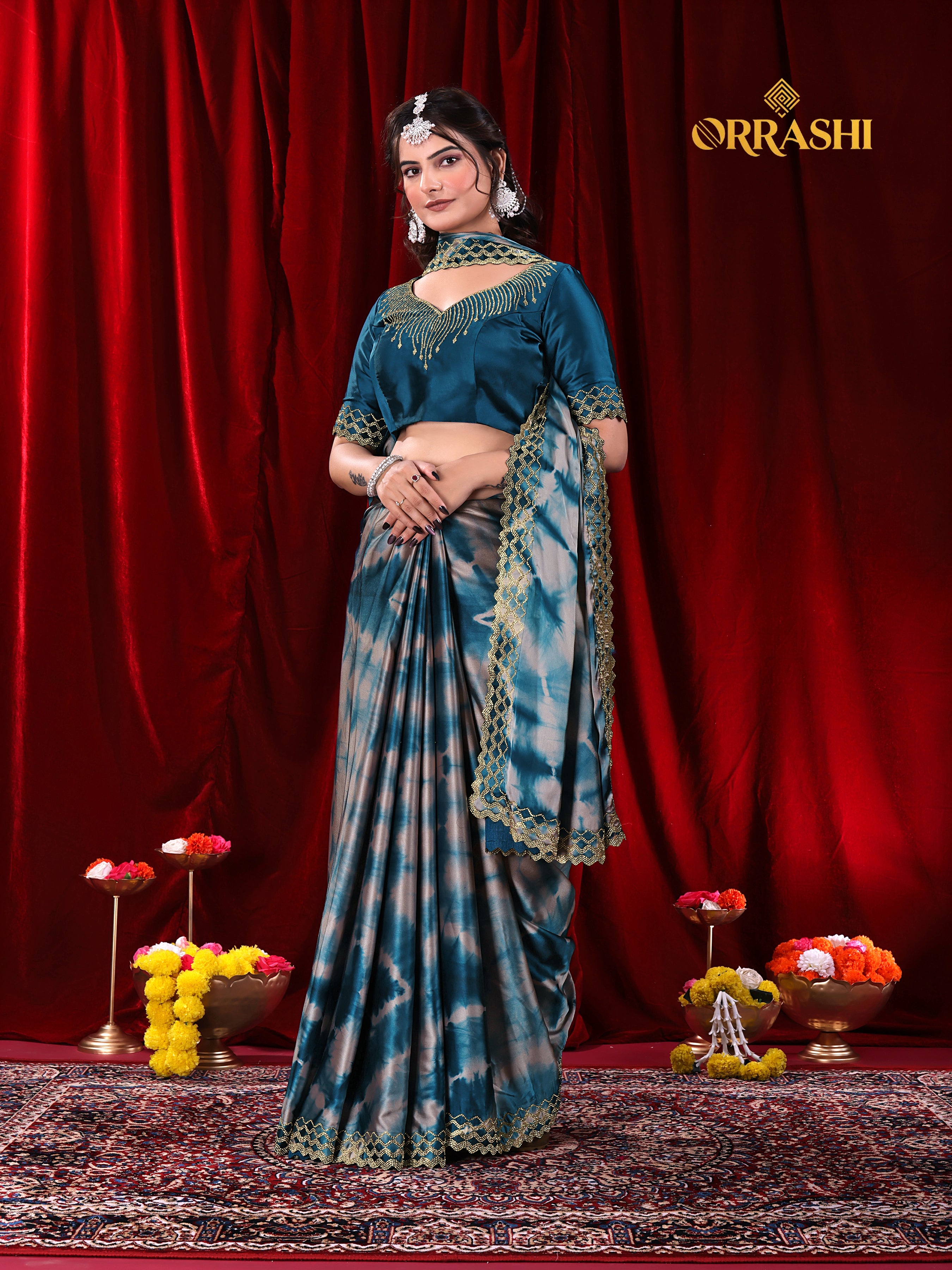 ZIC ZAC JARKAN WORK SIBORI PRINTED SATIN SILK SAREE