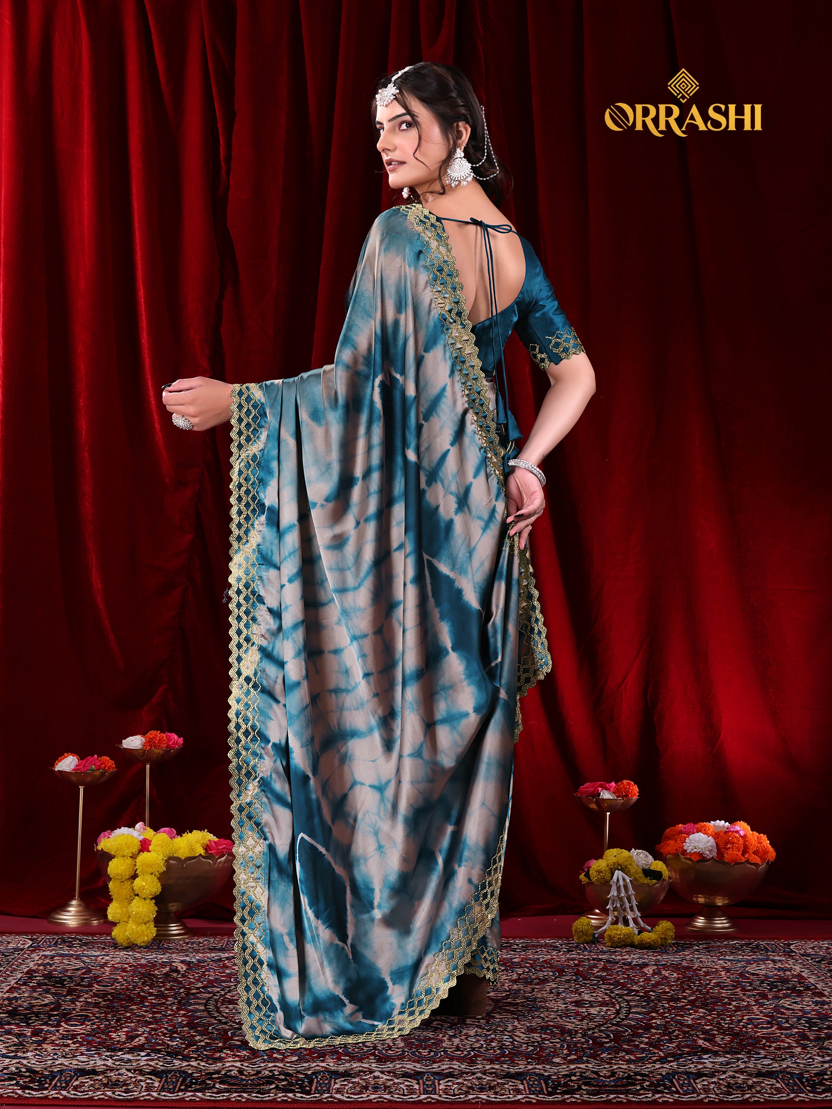 ZIC ZAC JARKAN WORK SIBORI PRINTED SATIN SILK SAREE