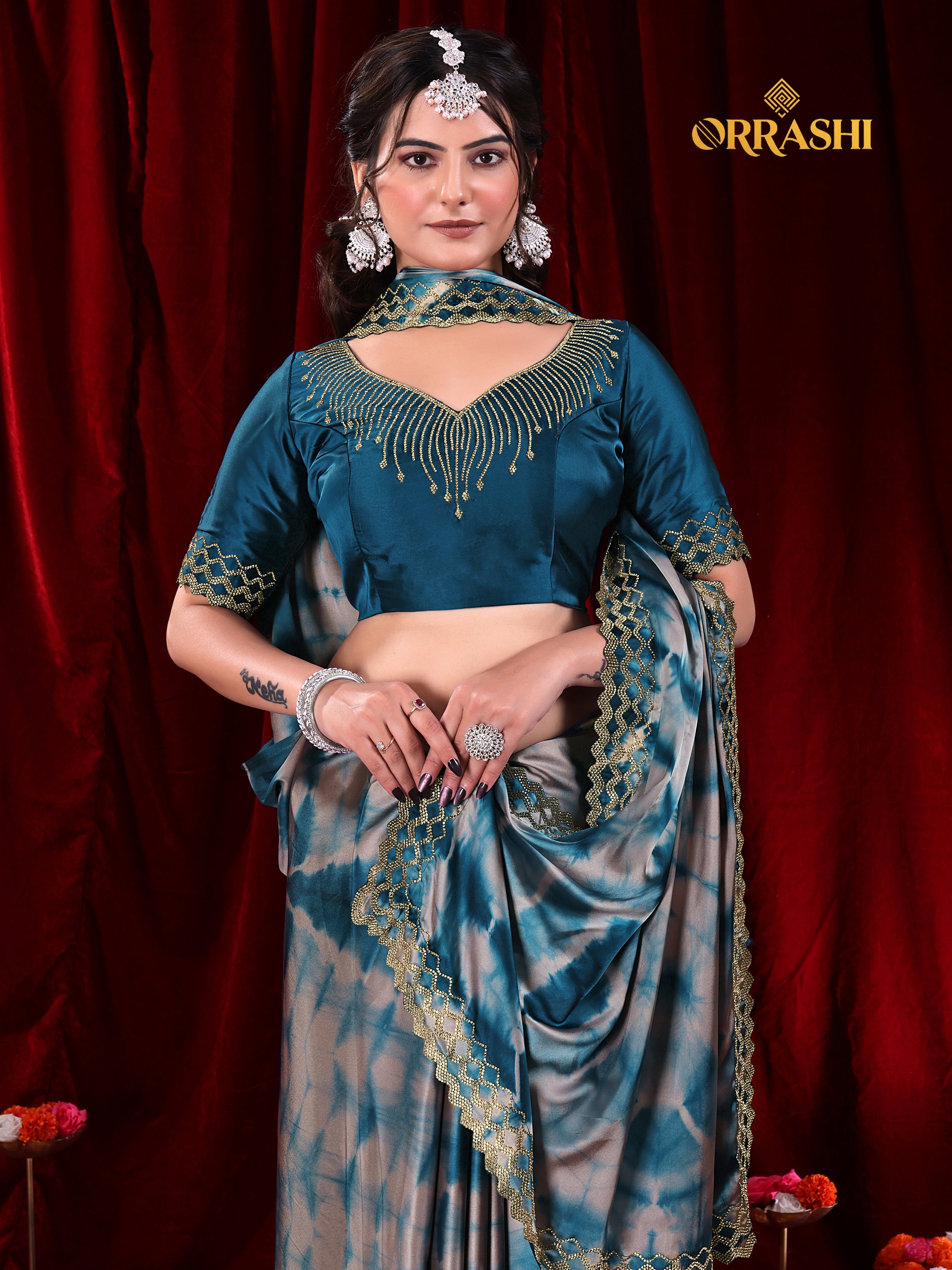 ZIC ZAC JARKAN WORK SIBORI PRINTED SATIN SILK SAREE