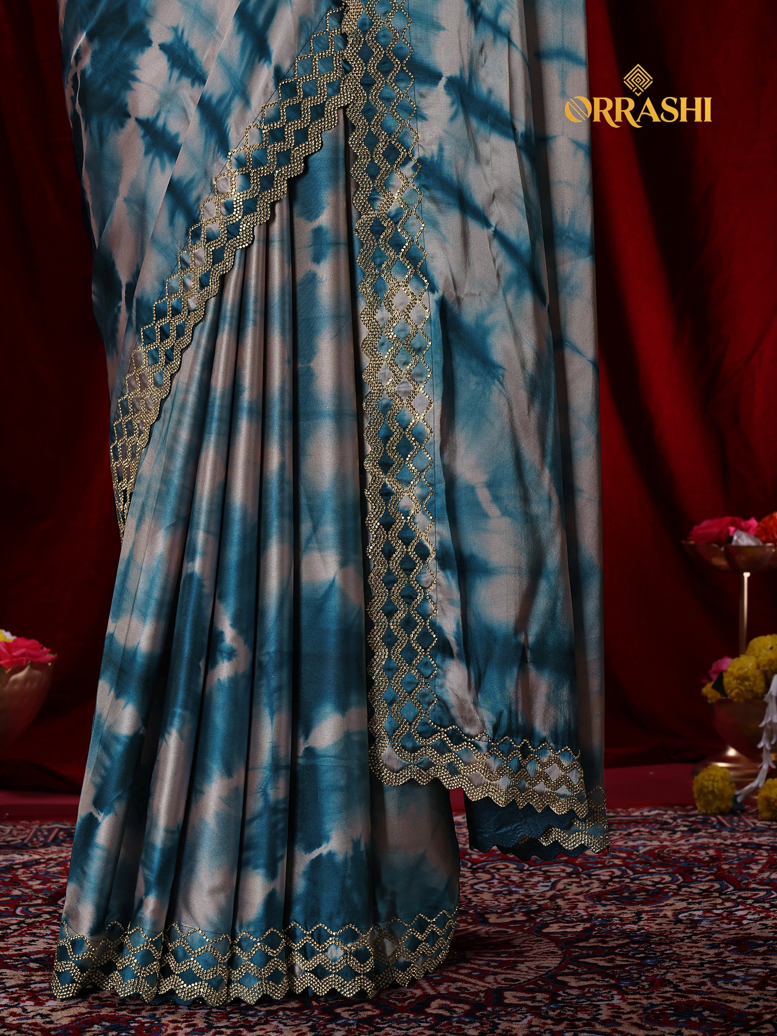 ZIC ZAC JARKAN WORK SIBORI PRINTED SATIN SILK SAREE