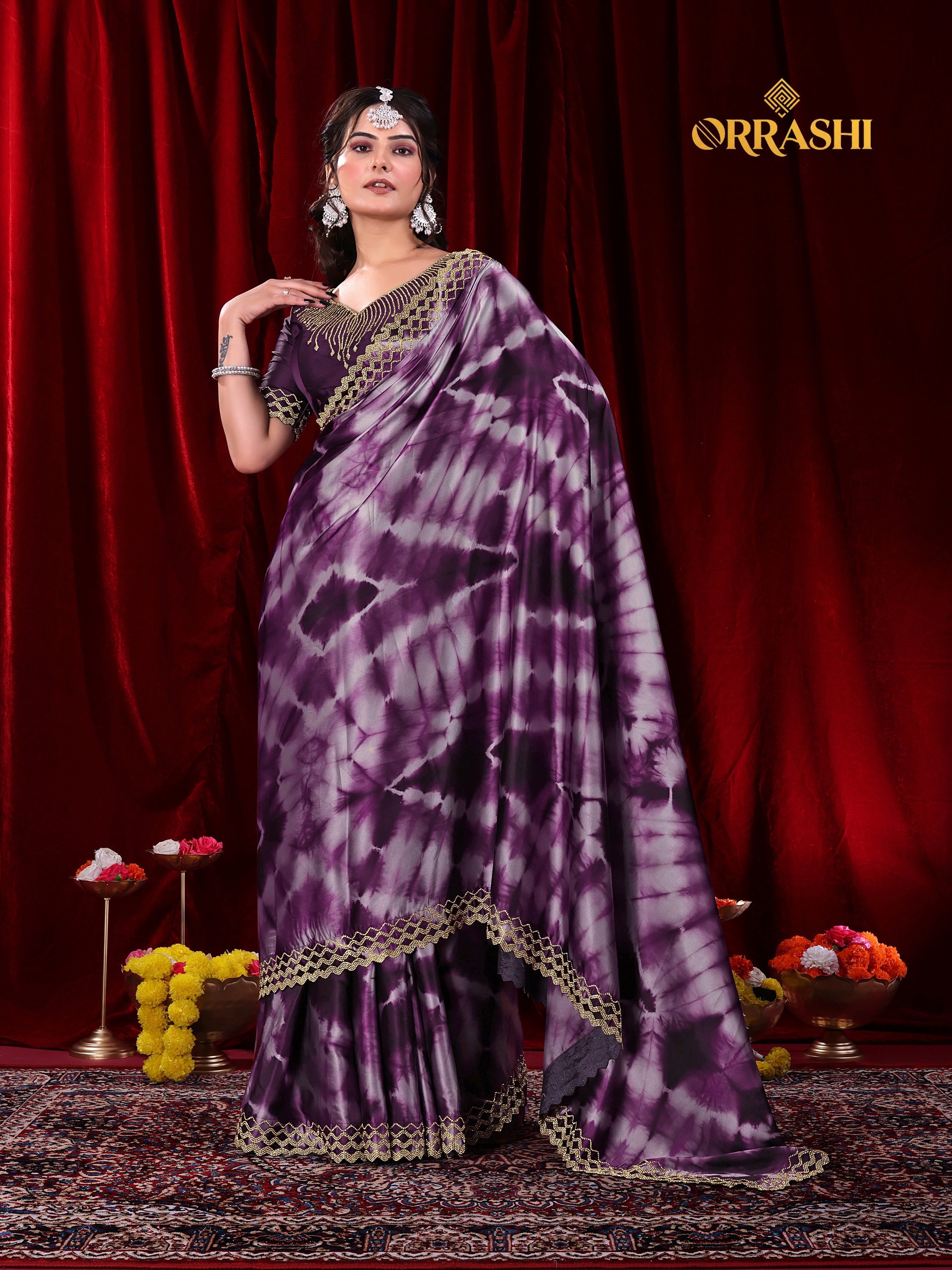 ZIC ZAC JARKAN WORK SIBORI PRINTED SATIN SILK SAREE