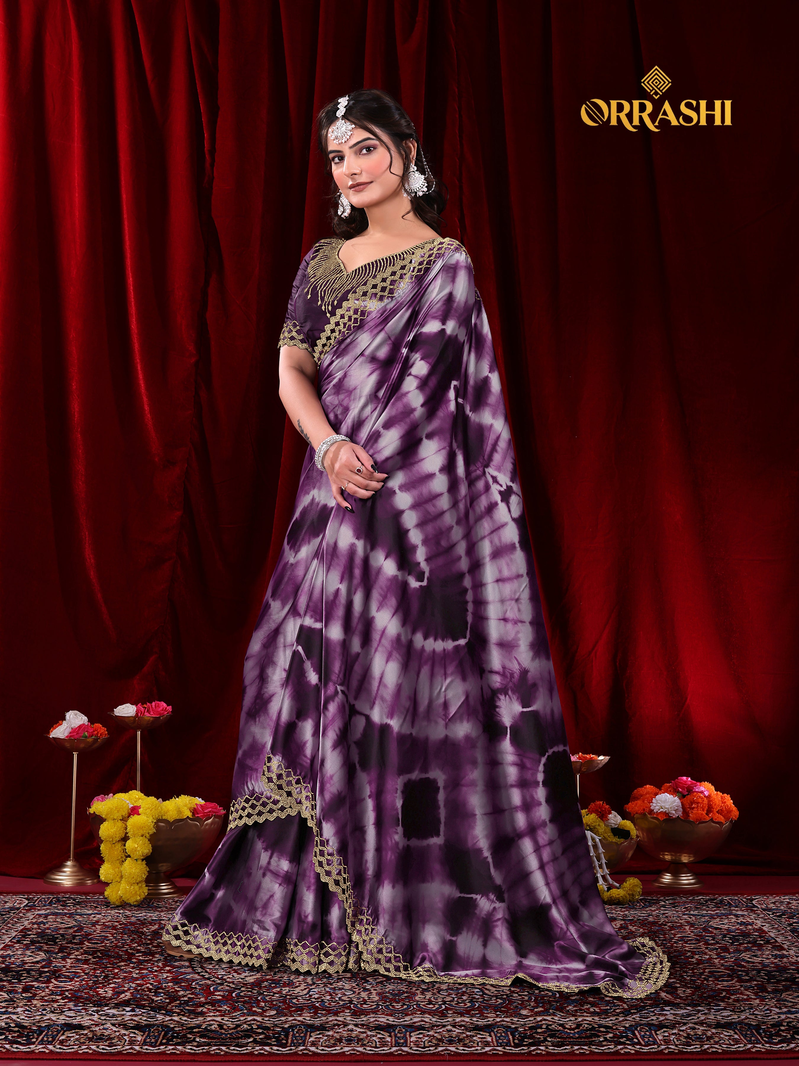 ZIC ZAC JARKAN WORK SIBORI PRINTED SATIN SILK SAREE