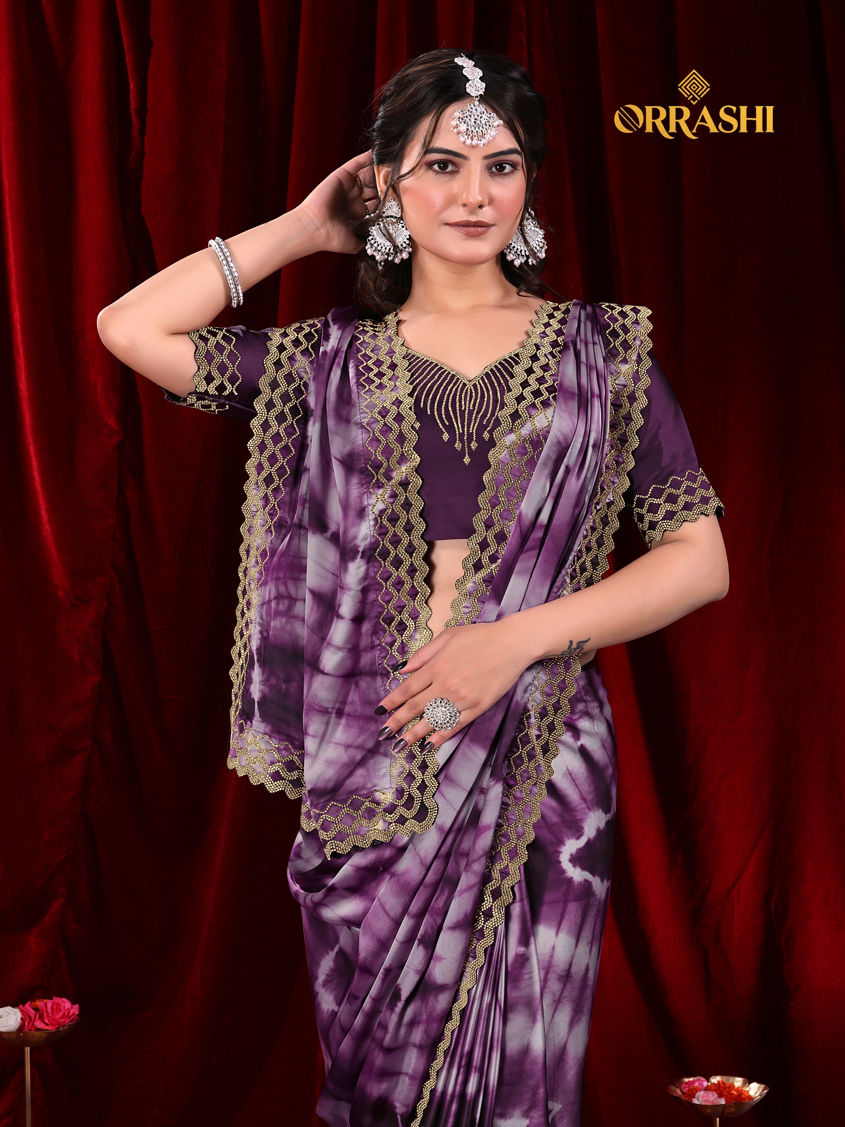 ZIC ZAC JARKAN WORK SIBORI PRINTED SATIN SILK SAREE