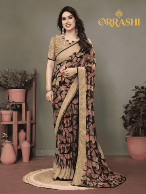FLORAL PRINTED AND FANCY LACE BORDER SAREE - CHIKOO COLOUR