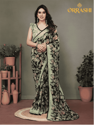 FLORAL PRINTED AND FANCY LACE BORDER SAREE - GREEN COLOUR