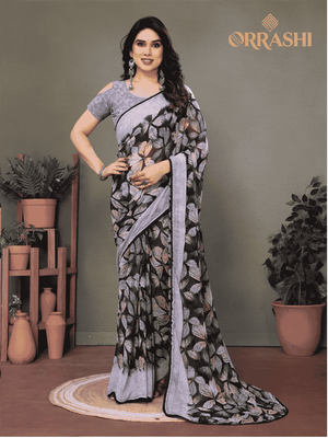 FLORAL PRINTED AND FANCY LACE BORDER SAREE - GREY COLOUR