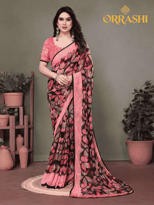 FLORAL PRINTED AND FANCY LACE BORDER SAREE - PINK COLOUR