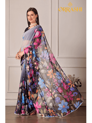 STYLISH BOLLYWOOD PRINTED FLORAL SAREE WITH LACE BORDER - BLACK COLOUR