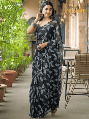 BEAUTIFUL LEAF PRINTED SAREE - BLACK COLOUR