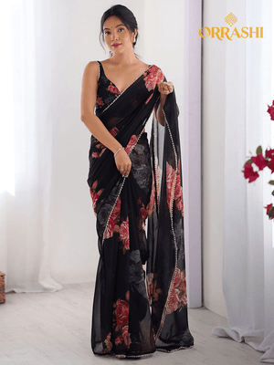 BEAUTIFUL FLORAL PRINTED SAREE WITH MOTI LACE BORDER - BLACK COLOUR