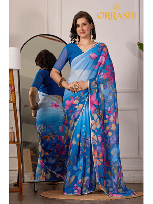 STYLISH BOLLYWOOD PRINTED FLORAL SAREE WITH LACE BORDER - BLUE COLOUR