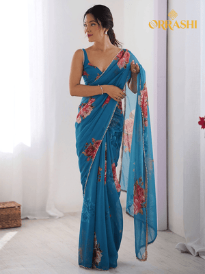 BEAUTIFUL FLORAL PRINTED SAREE WITH MOTI LACE BORDER - BLUE COLOUR
