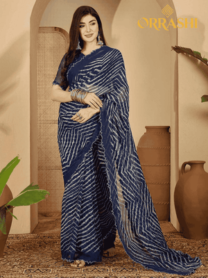 STRIPE PRINTED SAREE WITH STYLISH LACE BORDER - BLUE COLOUR