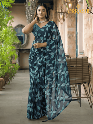 BEAUTIFUL LEAF PRINTED SAREE - BLUE COLOUR