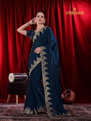 FIRE EMBROIDERIED WORK FENDY SATIN SILK - BLUE COLOUR