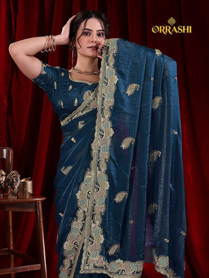 KESAR EMBROIDERIED WITH JARKAN WORK FENDY SATIN SILK - BLUE COLOUR