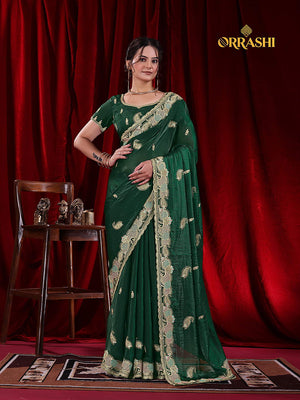 KESAR EMBROIDERIED WITH JARKAN WORK FENDY SATIN SILK - BOTTELE GREEN COLOUR