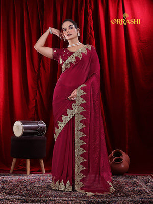 FIRE EMBROIDERIED WORK FENDY SATIN SILK - CHERRY COLOUR