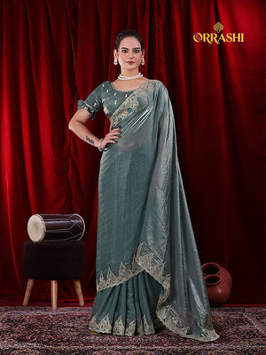 FIRE EMBROIDERIED WORK FENDY SATIN SILK - DARK FIROZI COLOUR